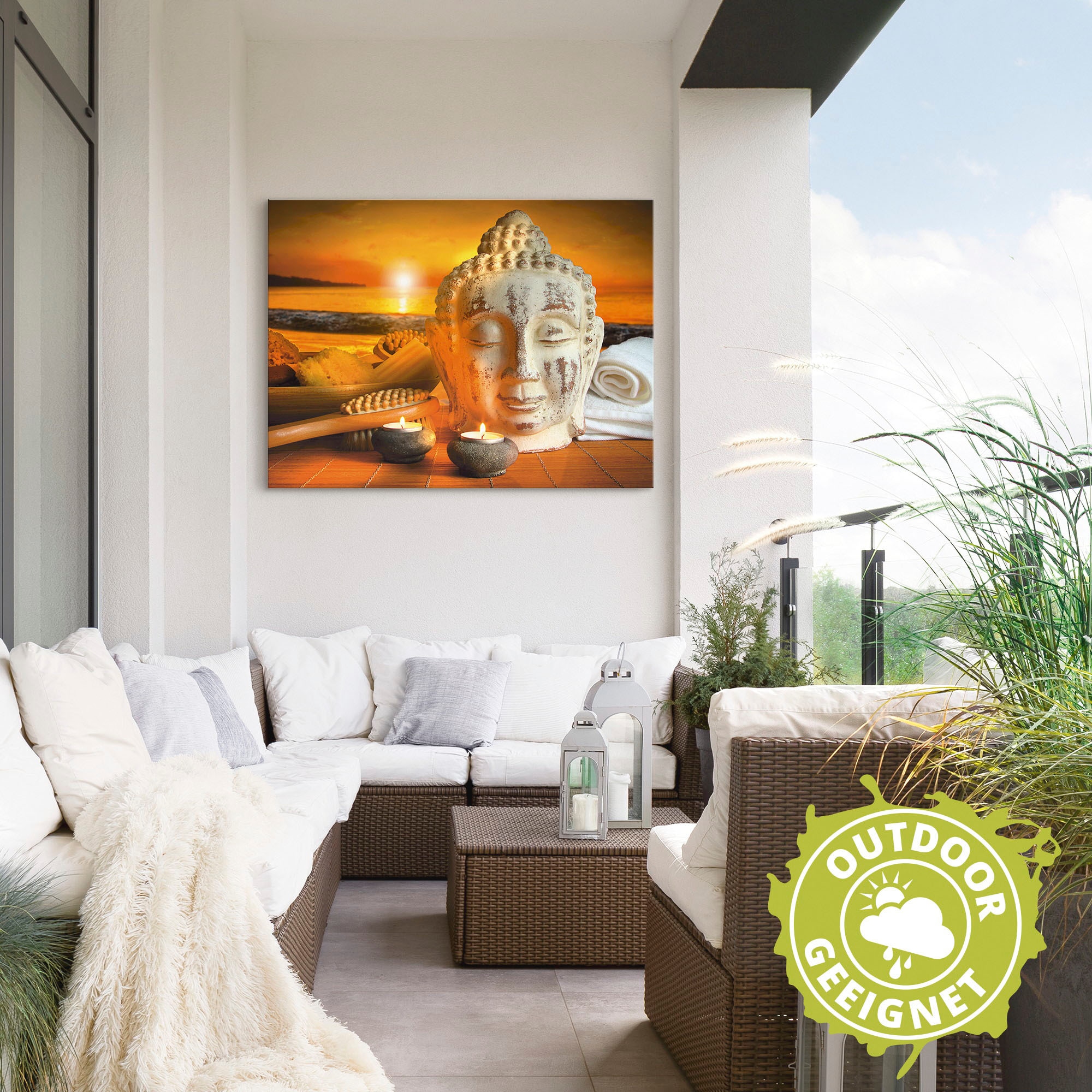 Artland Wandbild »Bad-Zubehör mit Buddha-Statue«, Religion, (1 St.), als Alubild, Outdoorbild, Leinwandbild, Wandaufkleber, versch. Größen