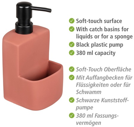 WENKO Spülmittelspender »Modell Festival«, aus Keramik, Soft-Touch Beschichtung, mit Spülschwamm-Fach, 380 ml