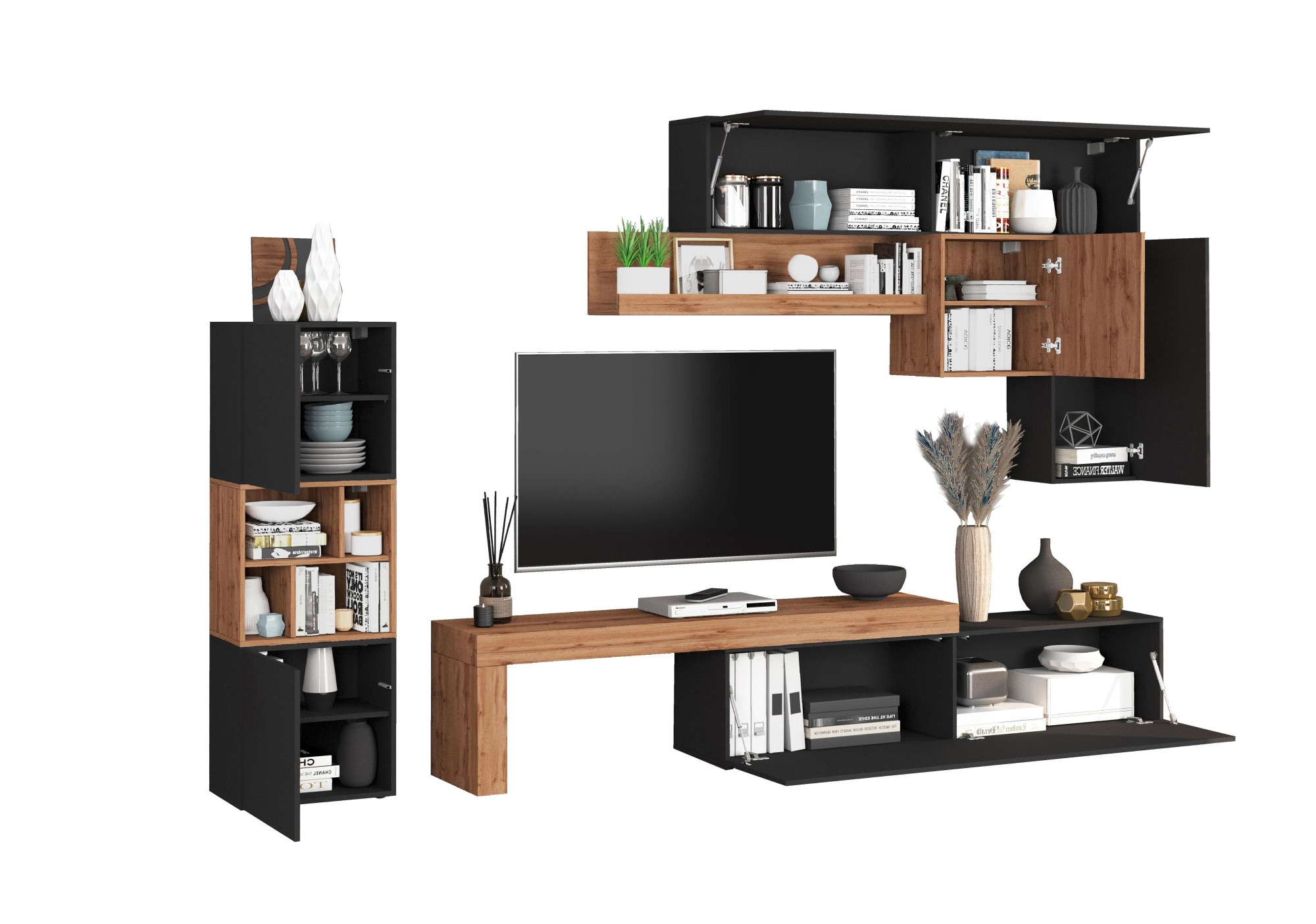 INOSIGN Wohnwand »Chronos Wohnwand, Medienwand, 8-er set«, (Set, 8 St.), ca. 320 cm mit Hängeschränke, Würfel, Regal, Lowboard, Made in Italy