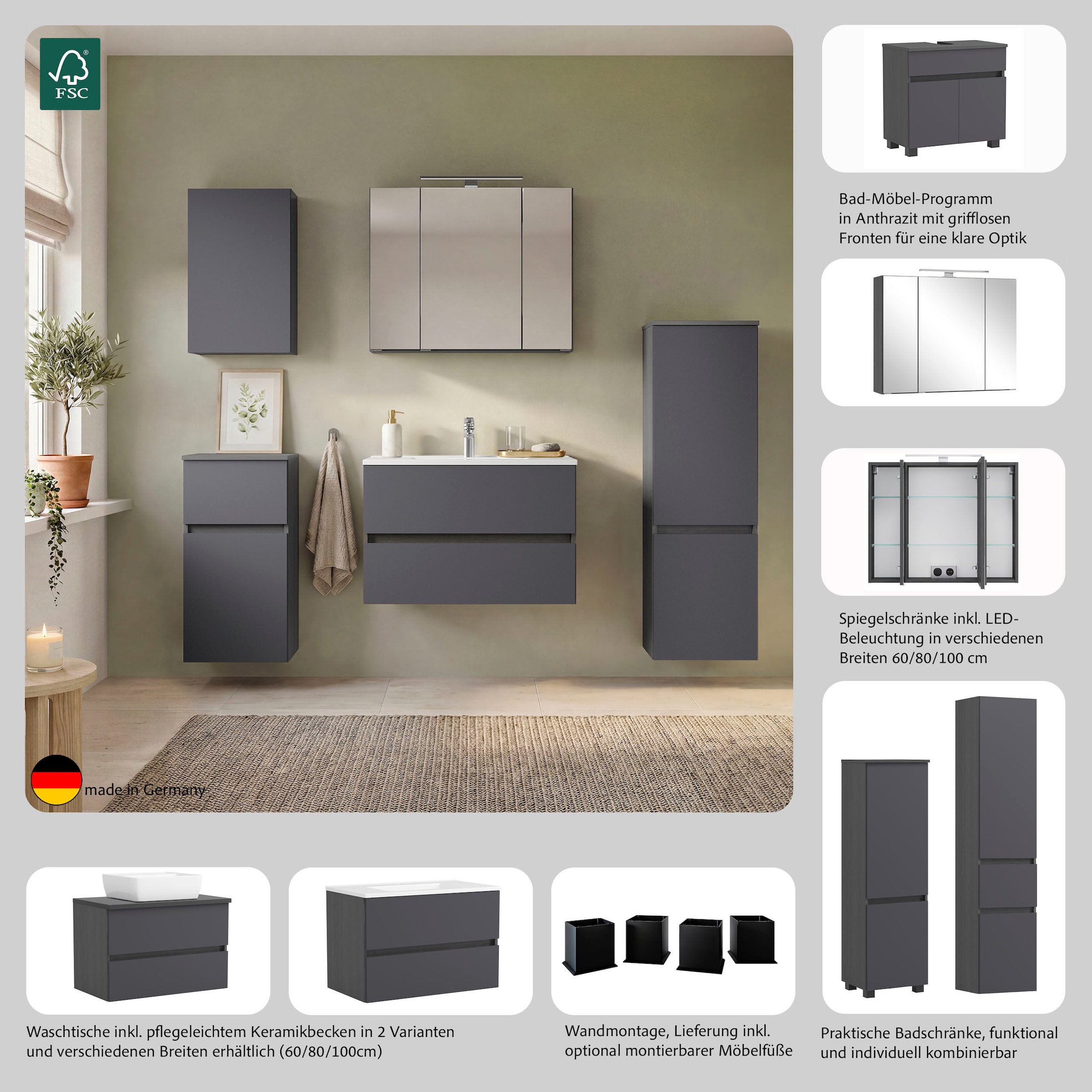 OTTO home Spiegelschrank »BOZEN, 3D-Spiegelschrank 100 cm« Inklusive LED-Aufbauleuchte, Steckdose und Schalter