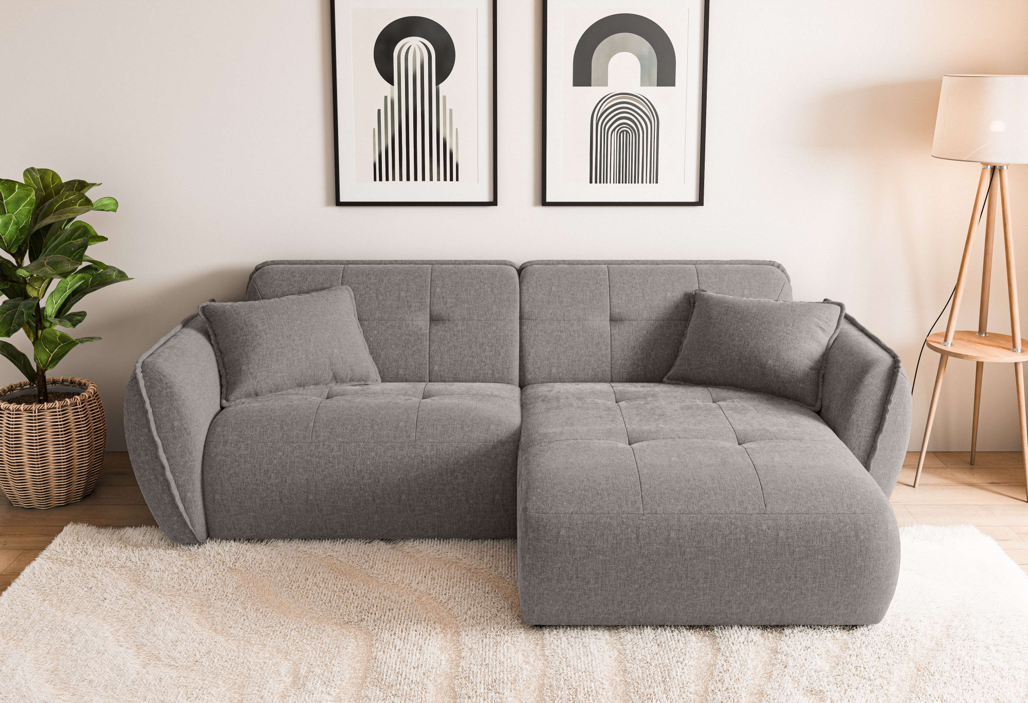 Home affaire Ecksofa "MIRELDA L-Form mit Steppungen, Recamiere rechts/links, Breite 253 cm" Sitztiefe 62 cm, elegant und bequem, 2 Zierkissen, belastbar bis 480kg