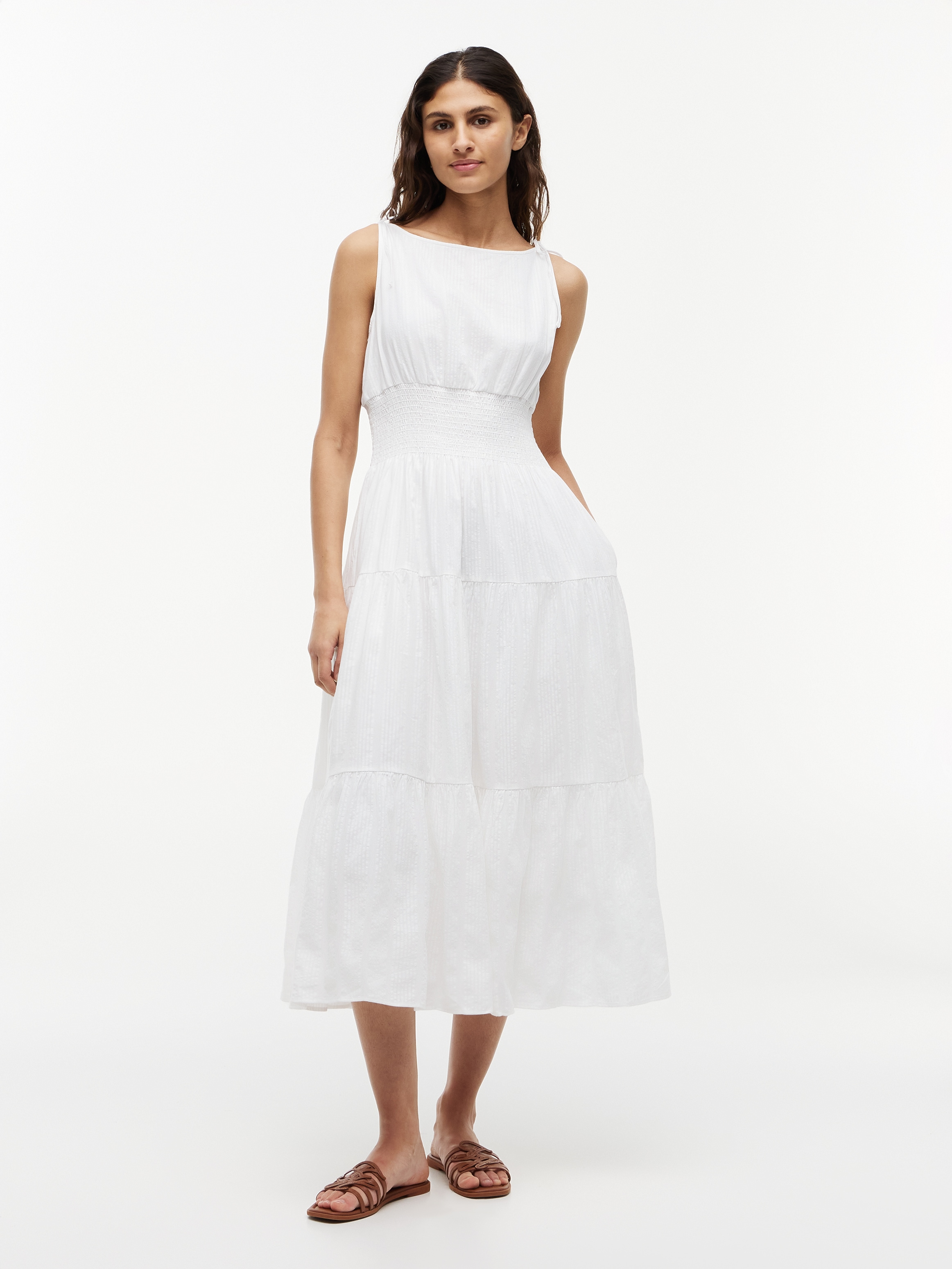 Tommy Hilfiger Trägerkleid "SMOCK TIE NS MIDI DRESS" Ohne Tasche Baumwollmischung, Smok-Einsatz