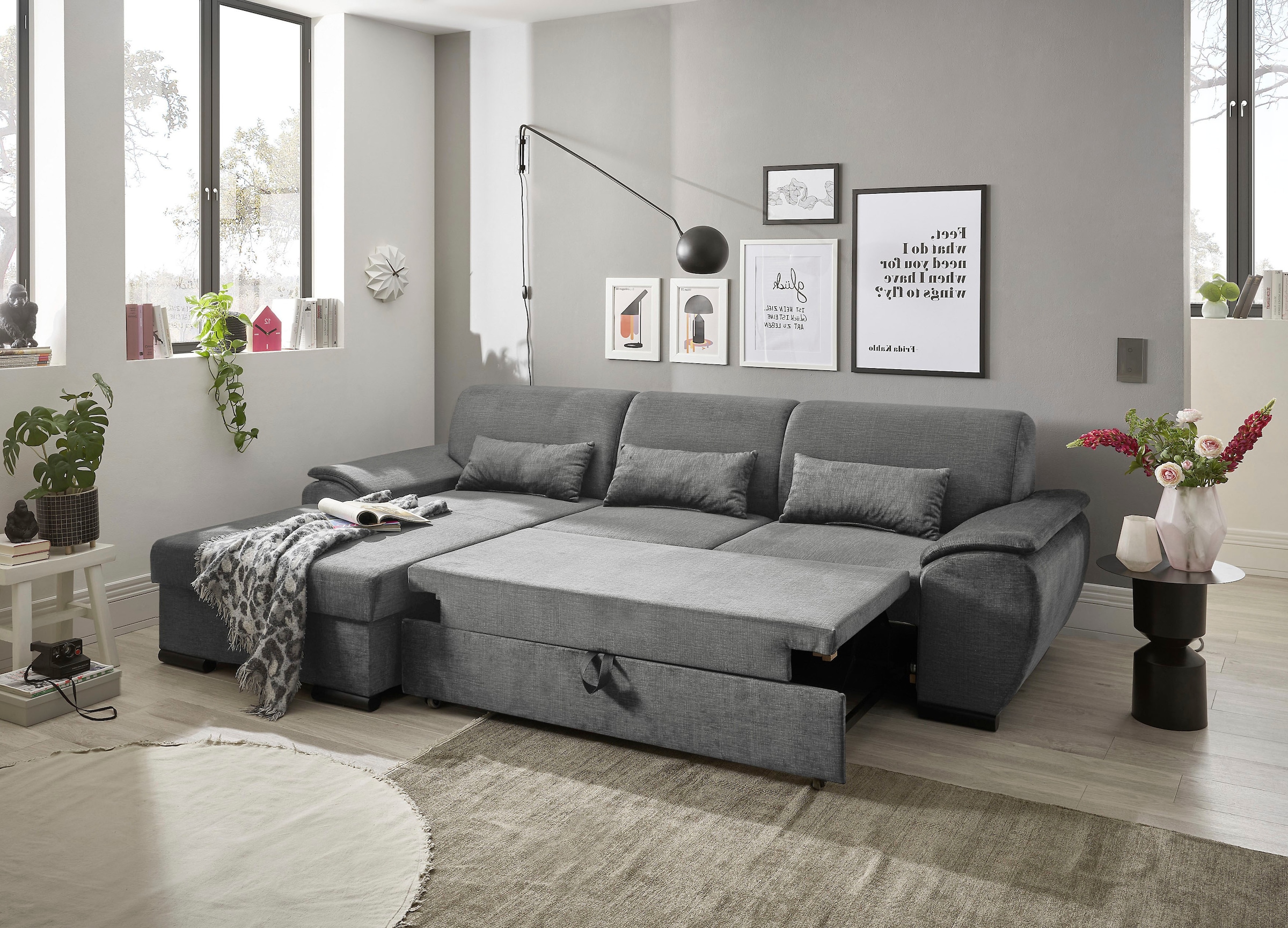 ED EXCITING DESIGN Ecksofa »Tampa L-Form«, frei im Raum stellbar, mit Bettkasten, Schlaffunktion, 3 Nierenkissen