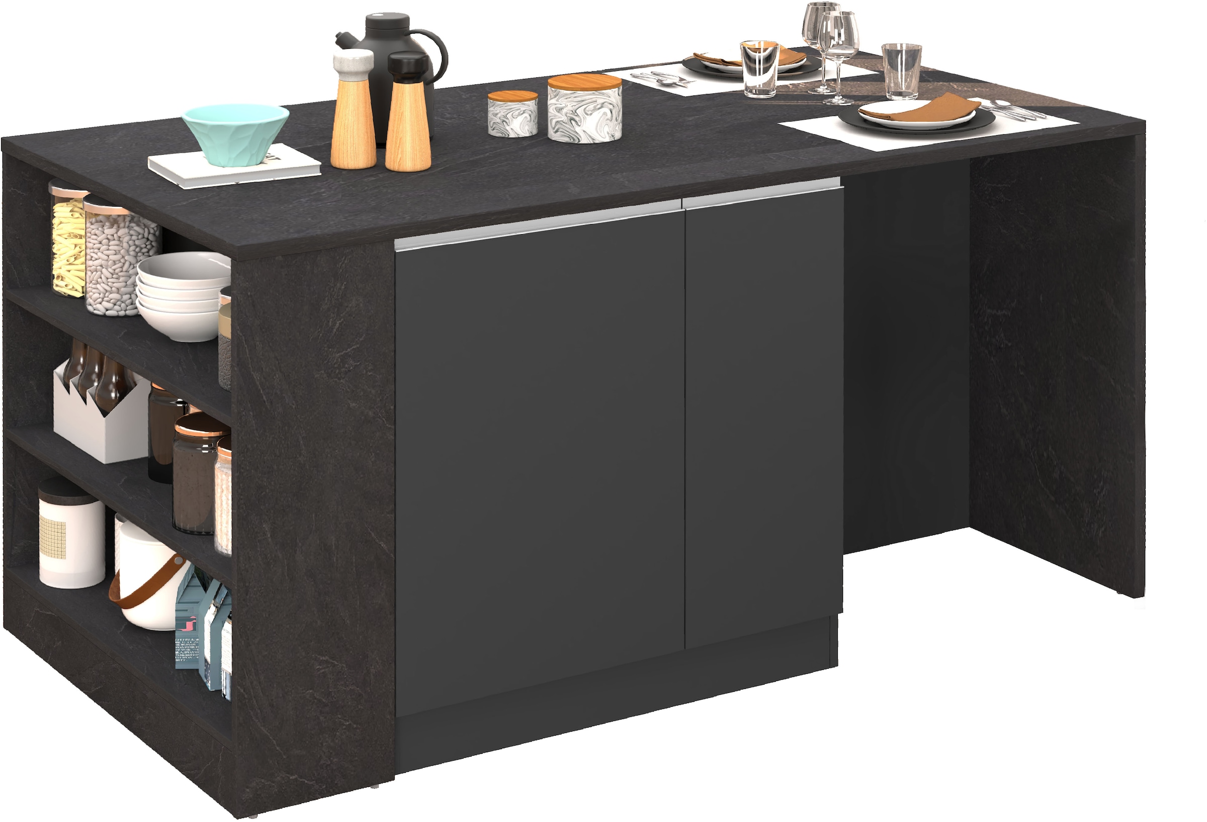 KOCHSTATION Kücheninsel »KS-Sole, Kochinsel, Küchenarbeitsblock, Arbeitsinsel, Made in Italy« Breite 167,5 cm, 2 Apothekerauszüge, 2 Essplätze, 1 offenes Regal