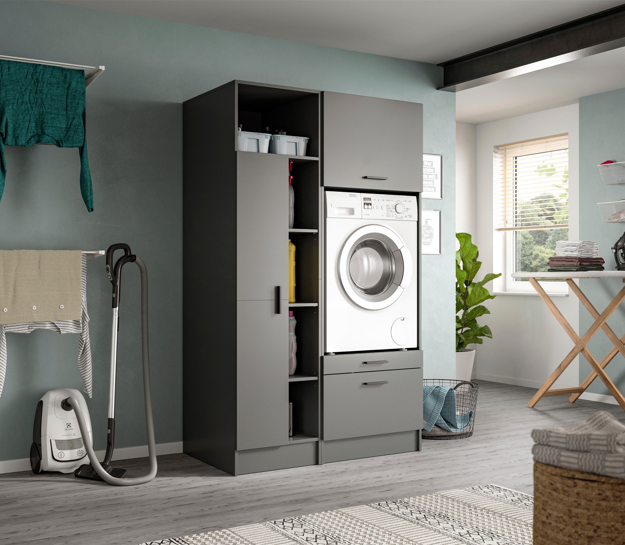 welltime Badmöbel-Set »FALAS, TOPSELLER!, 2-teilig, Hauswirtschaftsraum Set, Breite 116 cm«, (Set, 2 St., bestehend aus: 1x Mehrzweckschrank & 1x Waschmaschinenumbauschrank), Kombination, Waschmaschinenumbau, Waschmaschinenschrank, Wäschekammer