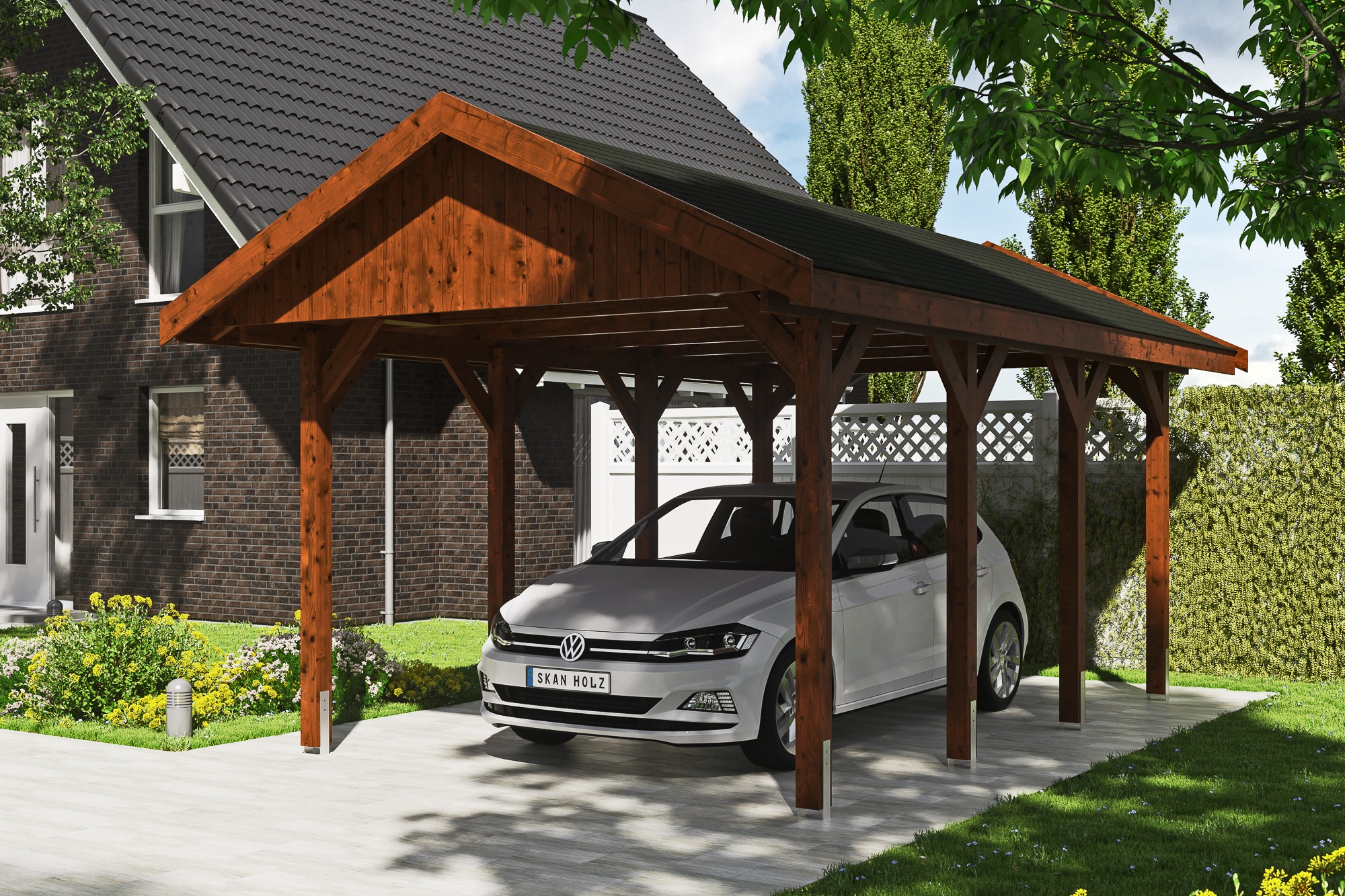 Skanholz Einzelcarport »Wallgau«, Nadelholz, 291 cm, Nussbaum, 380x600cm, schwarze Schindeln