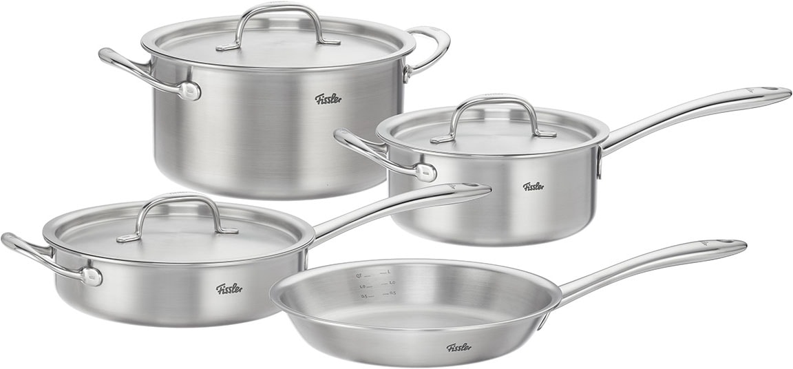 Fissler Topf-Set "Fissler M5 Pro-Ply, Edelstahl-Topfset (7-teilig)" Set, 7-teilig: Bratpfanne, Kochtopf, Sauteuse und Stielkasserolle, 7 tlg. Edelstahl 18/10