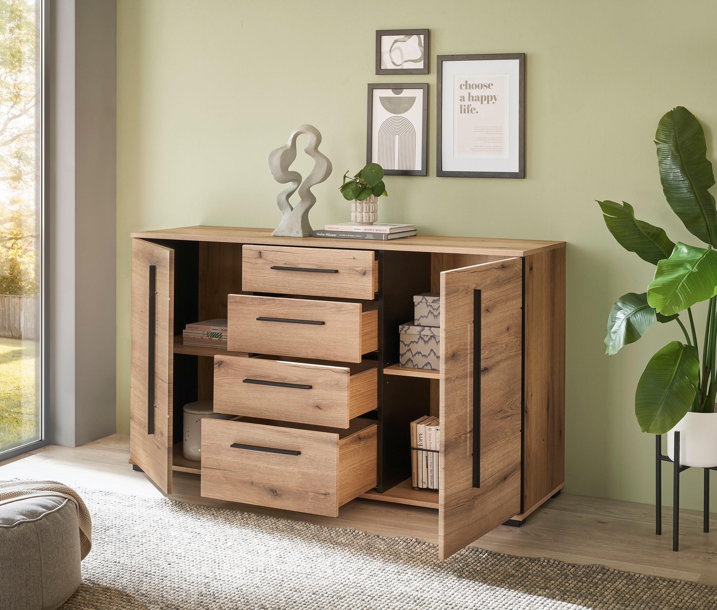 INOSIGN Sideboard »Cantara, moderner Schrank, Kommode in Eiche Evoke oder weiß«, schwarze Stangengriffe, ausreichend Stauraum, vielseitig einsetzbar