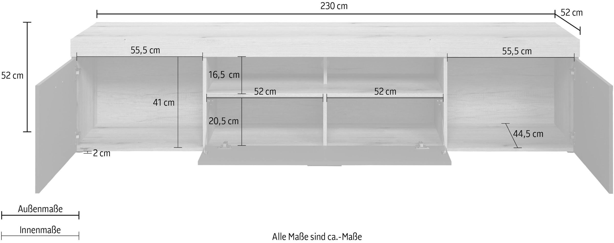 Home affaire Lowboard »Tyler TV-Kommode« Packung, 1 Stk. tlg. TV-Lowboard, Hirnholzapplikationen, Breite 230 cm