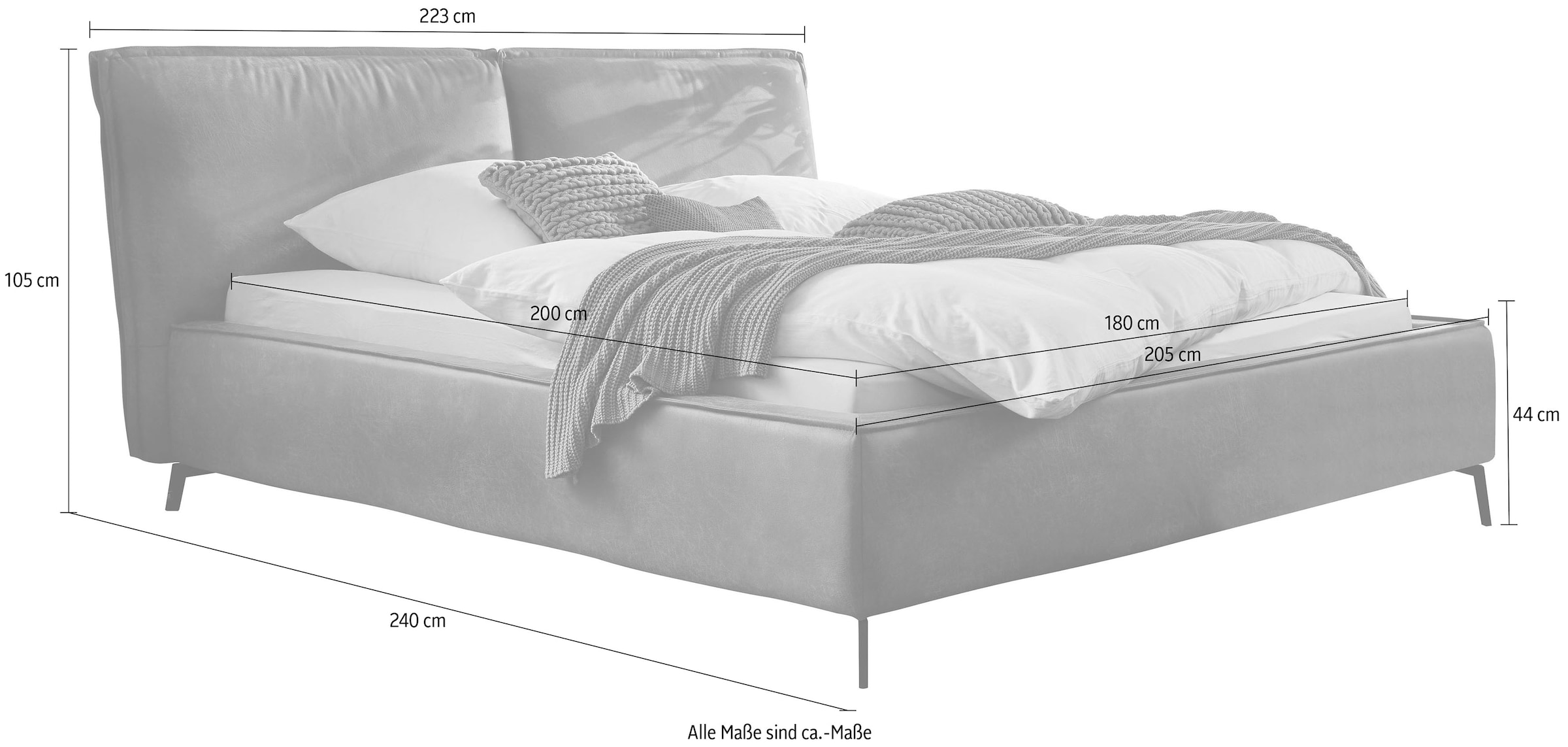 3C Candy Polsterbett »Tramonto 3 Breiten, auch in Leder«, mit Biese, Kopfteil, belastbar bis 260 kg, auch in Überlänge 220 cm