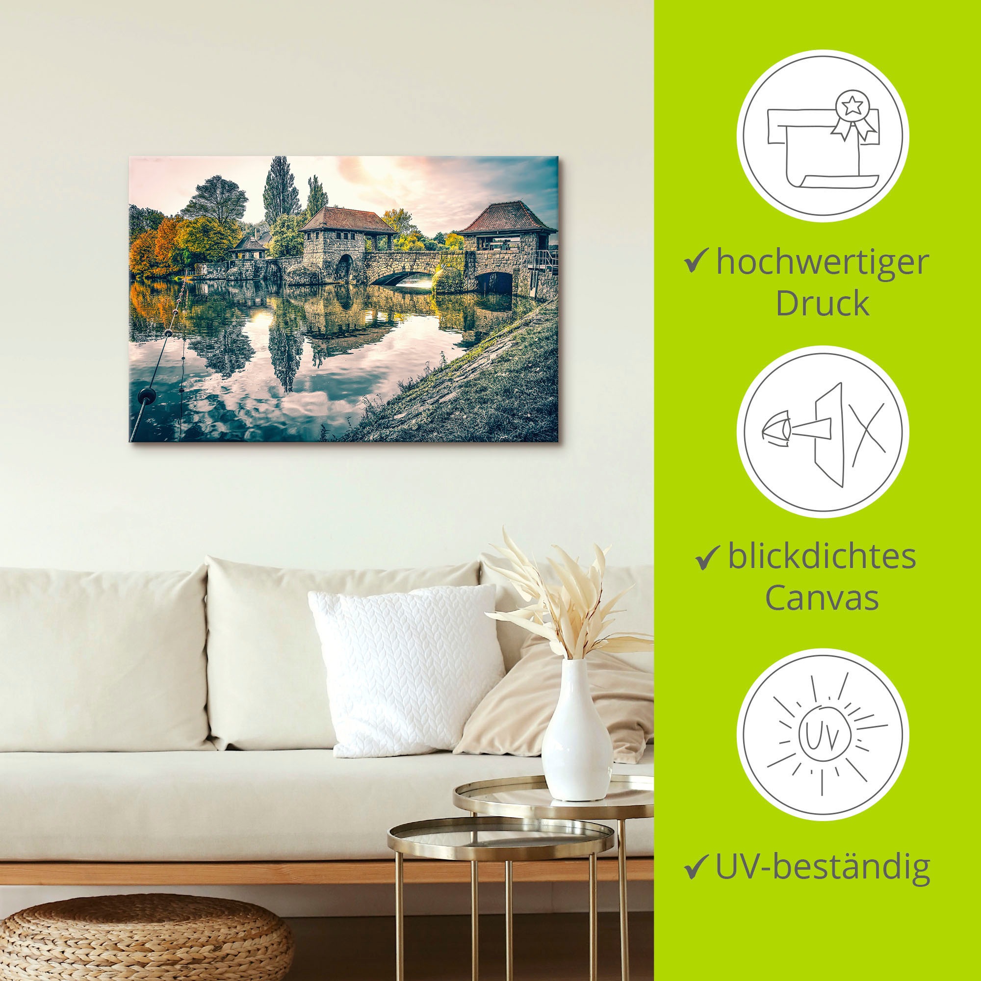 Artland Wandbild »Wehr. Palmengartenwehr Leipzig im Herbst«, Gebäude, (1 St.), als Alubild, Leinwandbild, Wandaufkleber oder Poster in versch. Größen