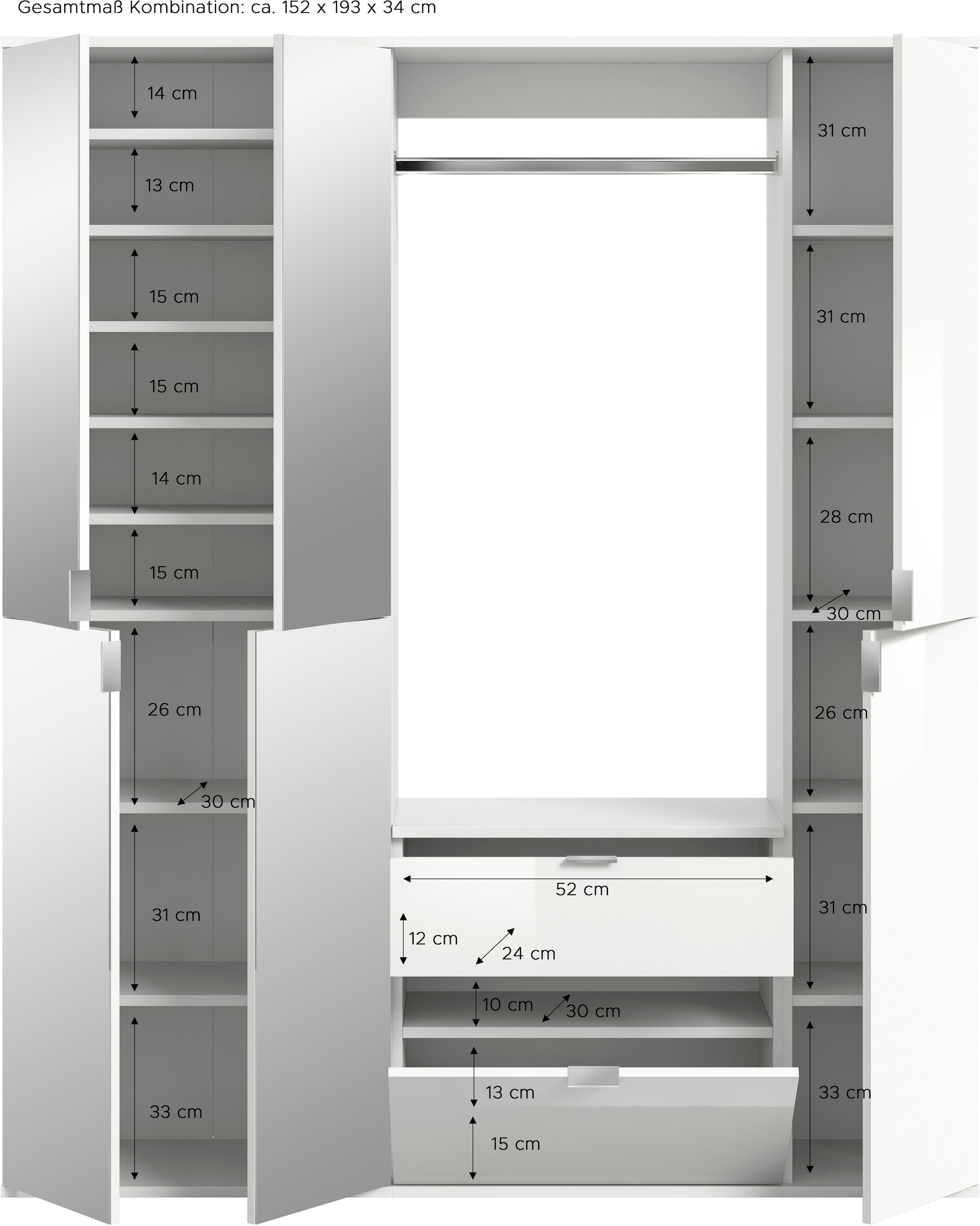 INOSIGN Garderoben-Set »Trondheim, Breite 152 cm, 5-teilig, bestehend aus:«, (Set, 4 St.), 2x Garderobenschrank, 1 Kommode, 1 Garderobenstange, 1 Ablageboden