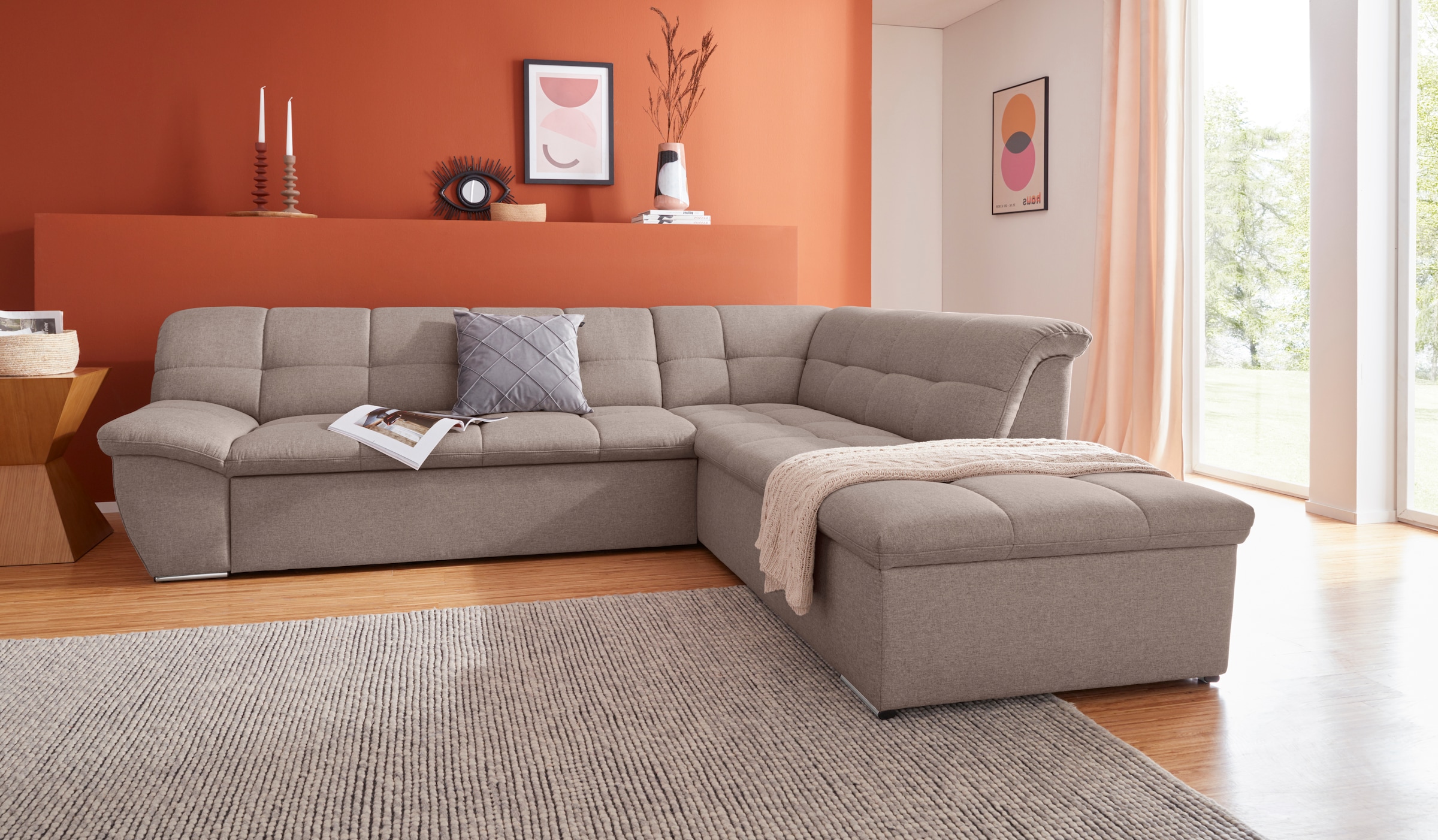 DOMO collection Ecksofa "Lagoa, moderne Sitzheftung, bequem und komfortabel, L-Form" wahlweise mit Bettfunktion, frei im Raum stellbar, große Farbvielfalt