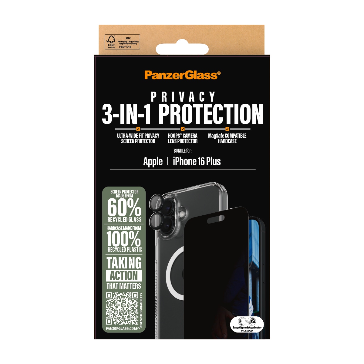 PanzerGlass Displayschutzglas »3-in-1 Privacy Protection, Glass, Hoops, Case«, für Apple iPhone 16 Plus, Displayschutzfolie, Schutzfolie, Bildschirmschutz, kratz- & stoßfest
