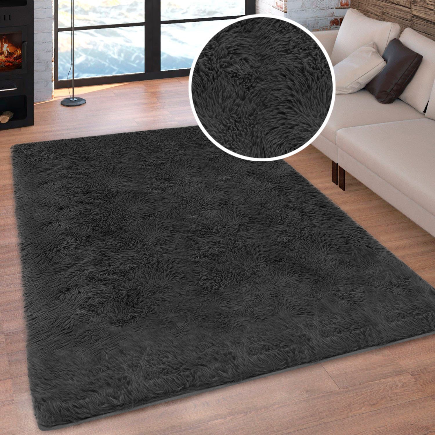 Hochflor-Teppich OTTO HOME "Silky, besonders weich und kuschelig, sehr dichte Qualität" Gr. 4, schwarz, B:140cm H:33mm L:200cm, Kunstfaser, Teppiche, rutschhemmend beschichtet, waschbar, uni, Wohnzimmer, Schlafzimmer