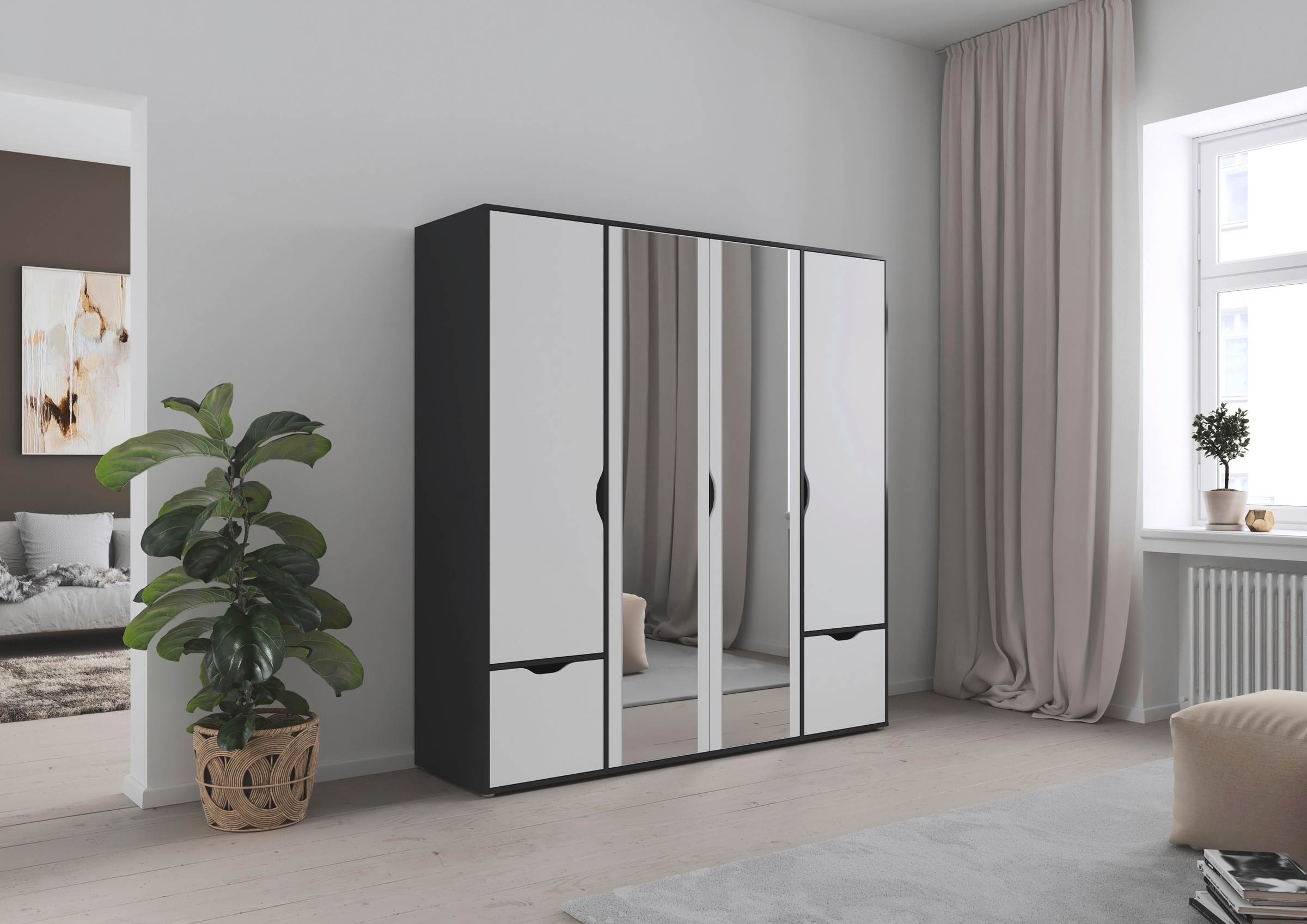 rauch Drehtürenschrank »Kleiderschrank Schrank Garderobe Wäscheschrank NARAI mit Schubladen«, (in 3 verschiedenen Ausstattungen BASIC/CLASSIC/PREMIUM), Griffausfräsungen für eine grifflose Optik TOPSELLER MADE IN GERMANY
