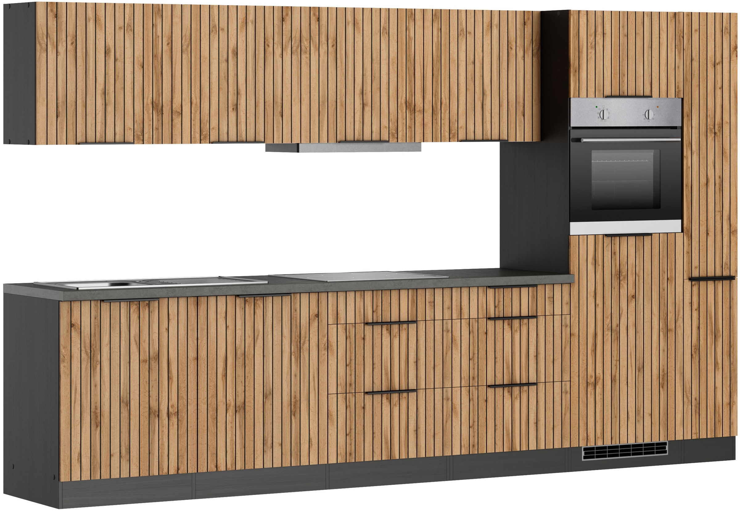 KOCHSTATION Küchenzeile »KS-Lagos, wahlweise mit E-Geräten, Spüle edelstahl oder schwarz«, Breite 330cm, Ceran-oder Induktionskochfeld,mit oder ohne Kühlschrank