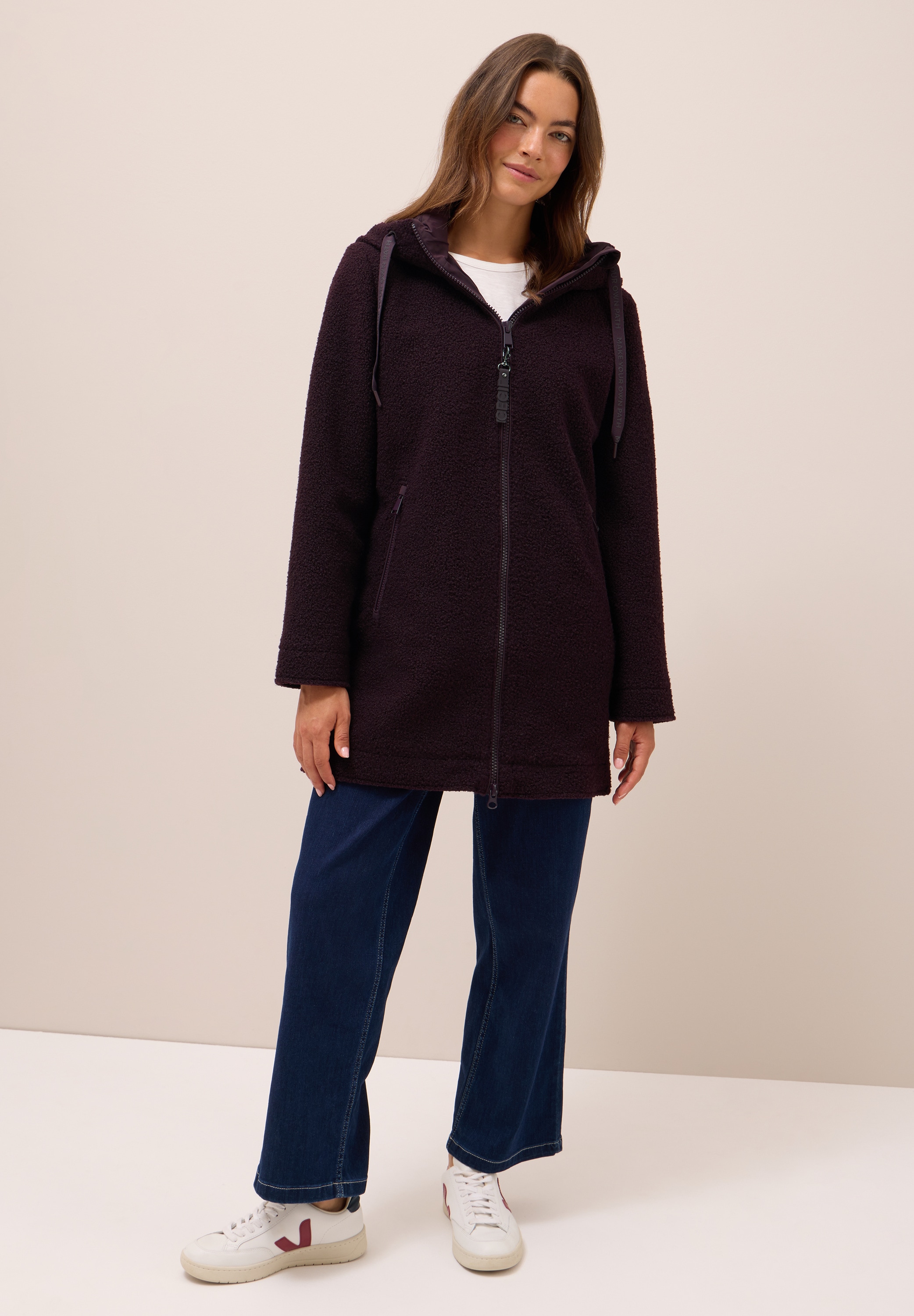 Cecil Fellimitatmantel mit Kapuze mit Tunnelzugband