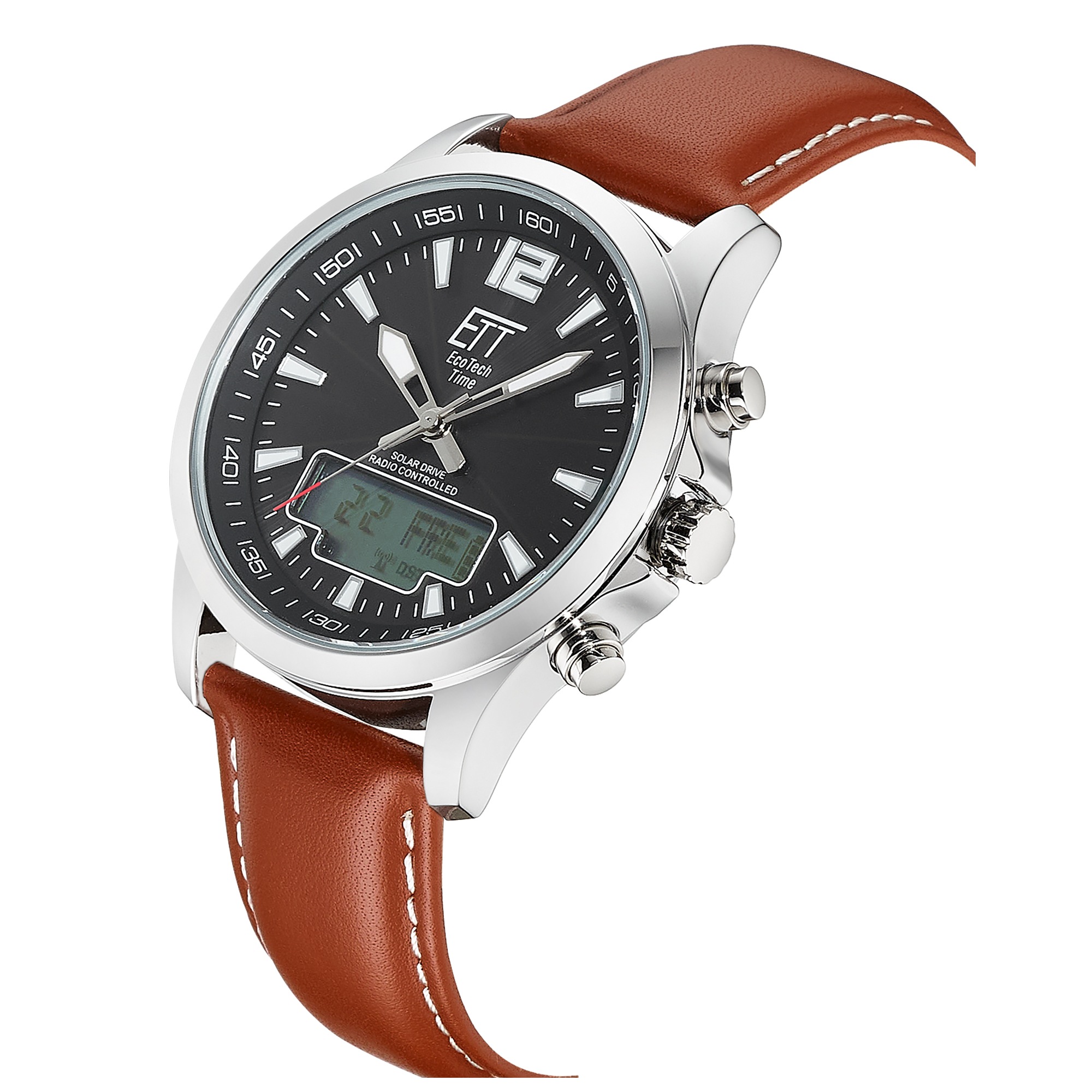 ETT Funkchronograph »Professional World Timer«, Armbanduhr, Solar, Herrenuhr, Lederarmband, analog, digital, Tag