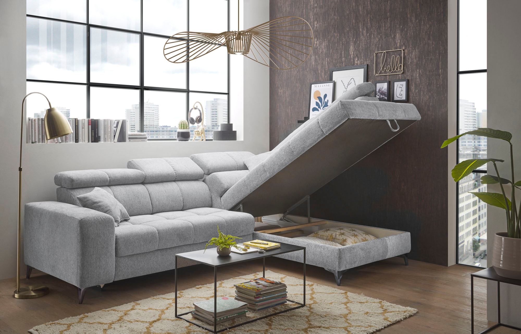 ED EXCITING DESIGN Ecksofa »Sydney L-Form mit Bettfunktion, Bettkasten, Kopfteilverstellung«, motorischer Sitztiefenverstellung, USB-Port & 2 Zierkissen