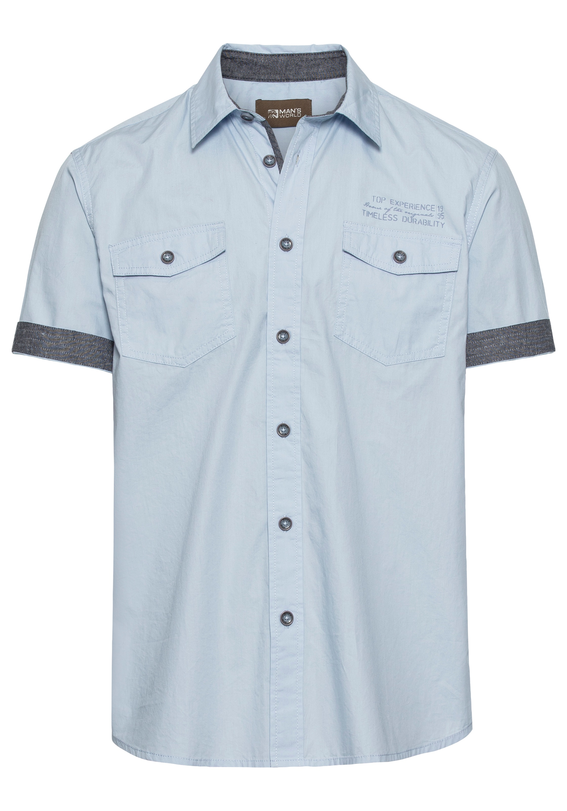 Kurzarmhemd MAN'S WORLD, Herren, Gr. 5XL (51/52), N-Gr, blau (hellblau), Web, Obermaterial: 100% Baumwolle, unifarben, bequem, abgestepptes Bündchen krempelbar, Hemden, mit kleinem Brustprint 3