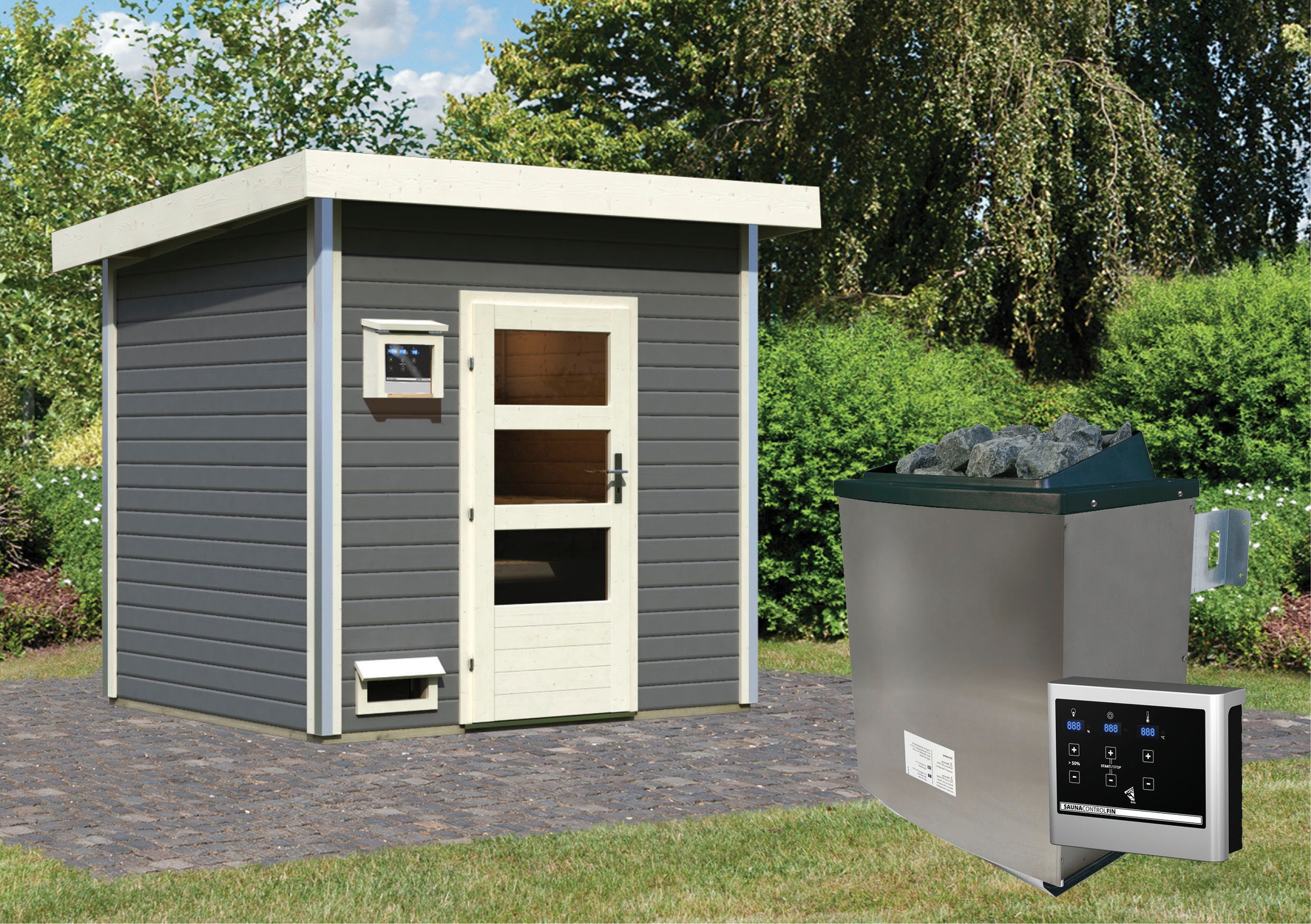 Karibu Saunahaus »Ralf«, moderne Tür, Ofen 9 kW mit externer Steuerung