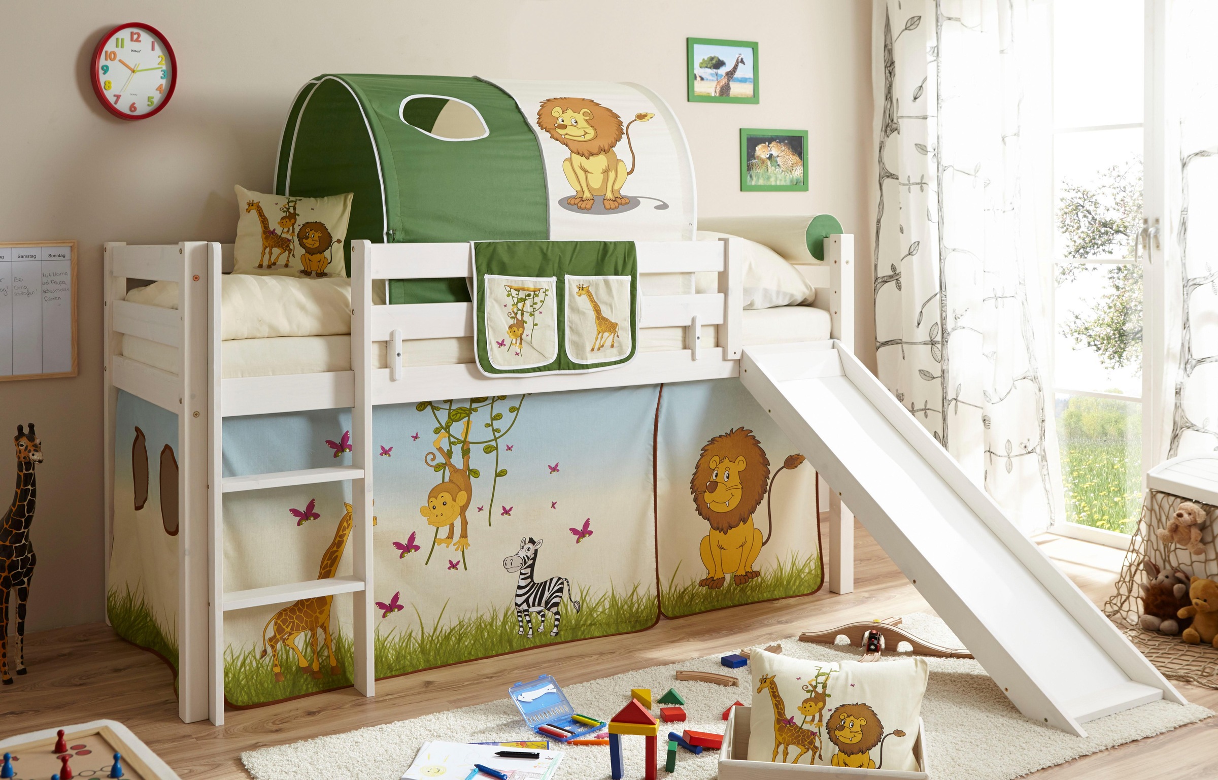 Ticaa Hochbett Manuel, mit Rollrost und Textil-Set wahlweise mit Matratze, Kiefer