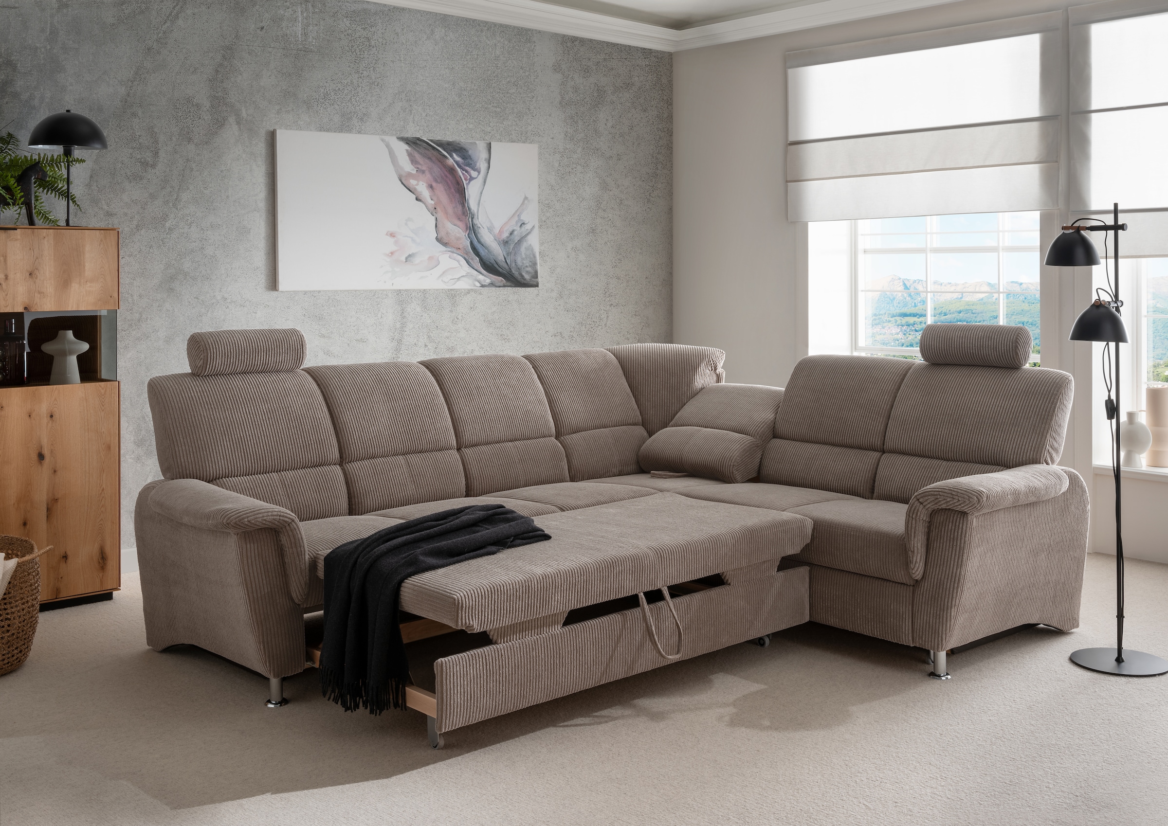 Home affaire Ecksofa »Pisa L-Form, mit Schlaffunktion, Stauraum, 2x höhenverstellbare«, Kopfstützen und Relaxfunktion im Eckelement