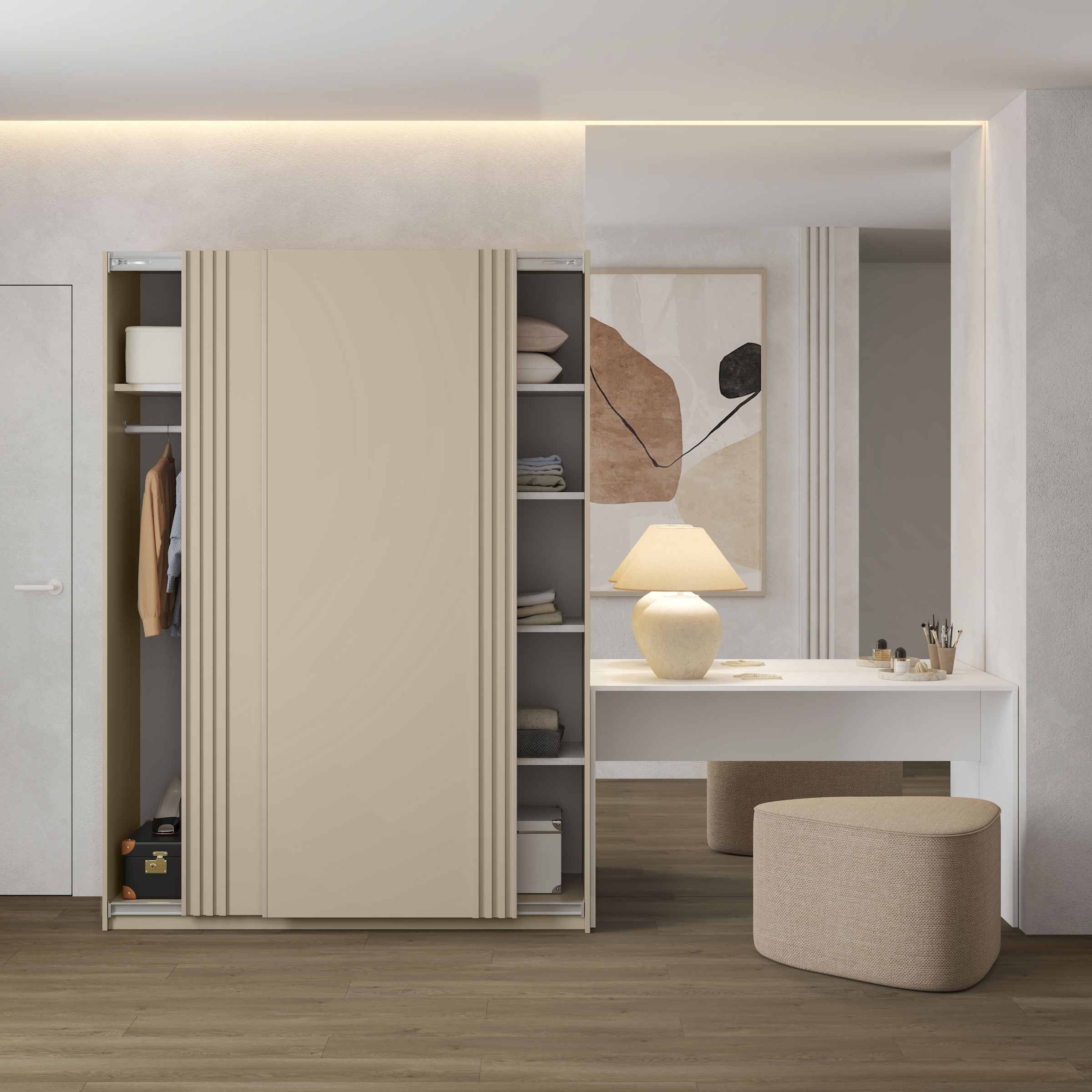 Home affaire Schwebetürenschrank »Niva, Garderobenschrank incl.kompletter Innenausstattung« Moderner Kleiderschrank, Schiebetürenschrank, Lamellen, Wäscheschrank