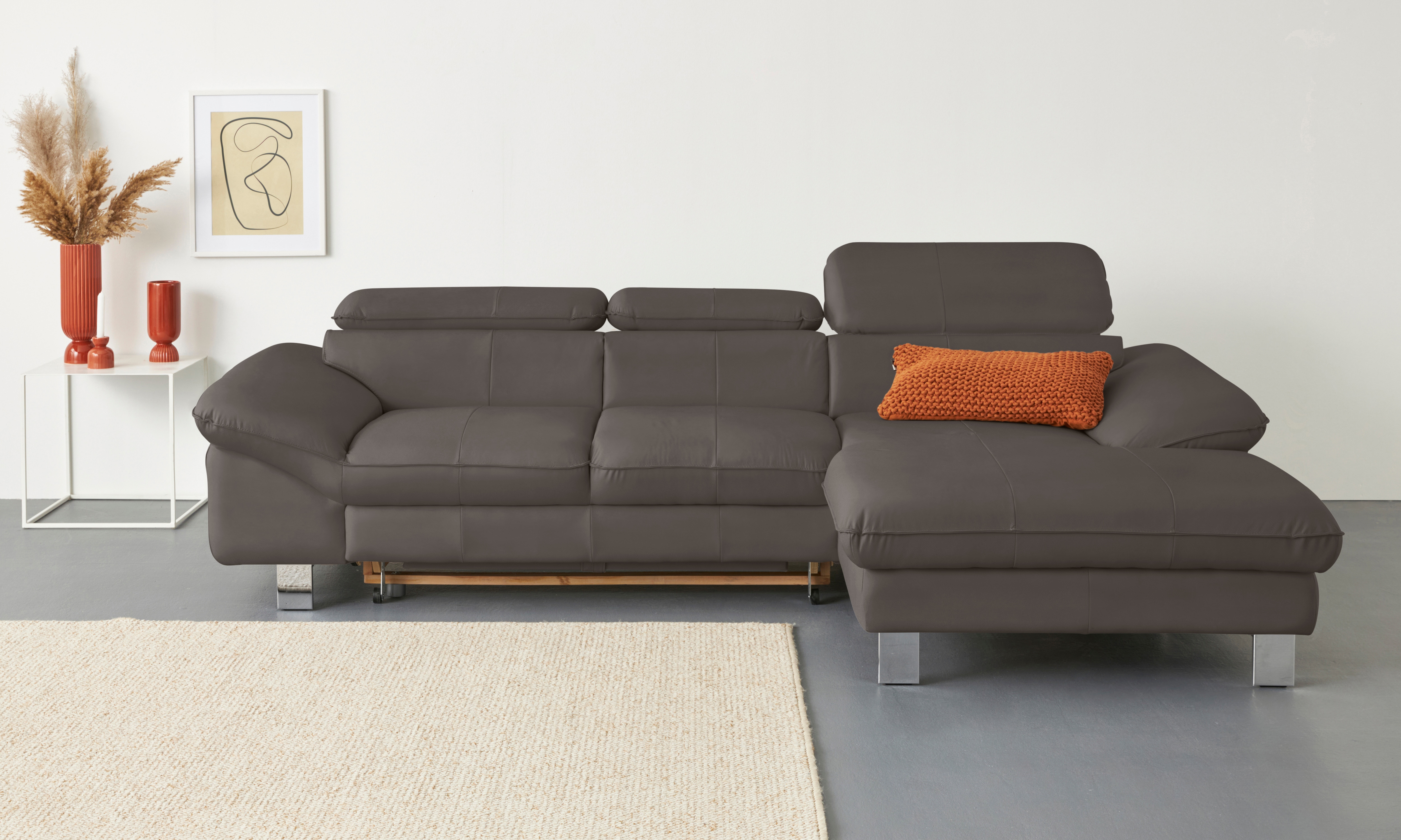 COTTA Ecksofa "Driver L-Form, B: 268 cm, moderne Couch mit Wellenunterfederung, Leder" Kopfteilverstellung, opt. Schlaffunktion + XL Bettkasten, LF:191x129cm