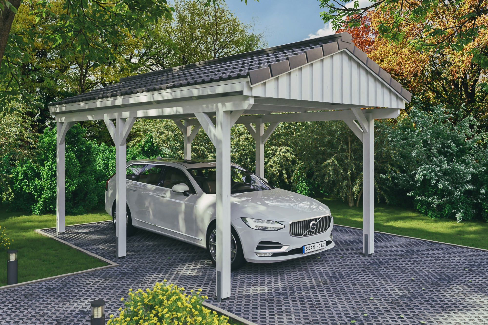 Skanholz Einzelcarport "Fichtelberg" Leimholz weiß mit Dachlattung