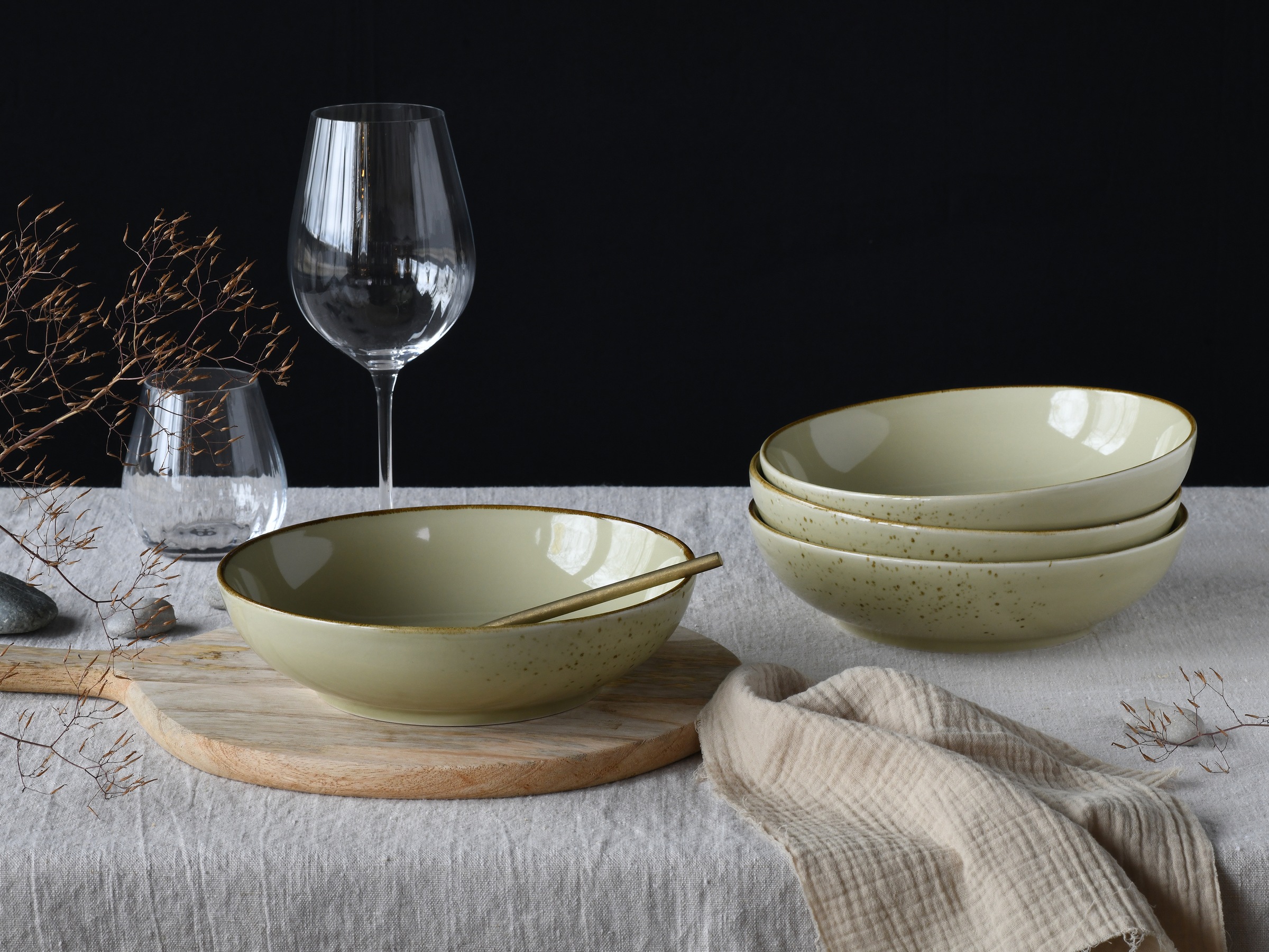 CreaTable Schale »Nature Collection, Poke Bowl, Ø 22,5 cm, 4-tlg«, 4 tlg., aus Steinzeug, Handwerklicher Look, Vintage, Höhe 5 cm
