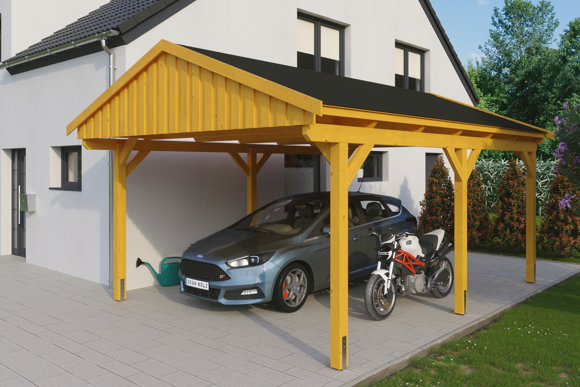 Skanholz Einzelcarport "Fichtelberg" Leimholz hellbraun mit schwarzen Schindeln