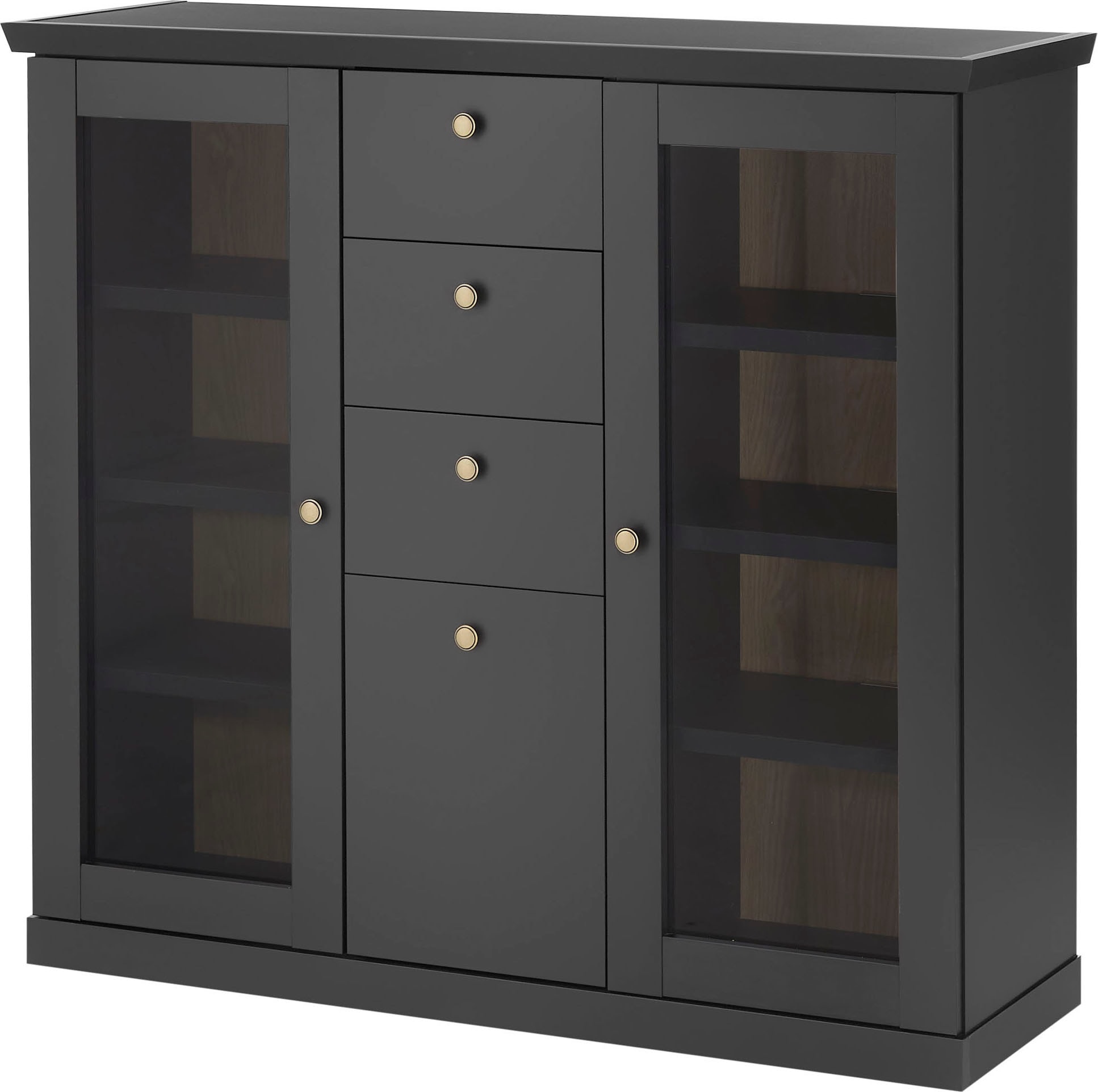 Home affaire Highboard "Lincoln, moderner Schrank, schwarzer Stauraumschrank, 129 cm breit" edles Design, messingfarbene Knopfgriffe, vielseitig einsetzbar