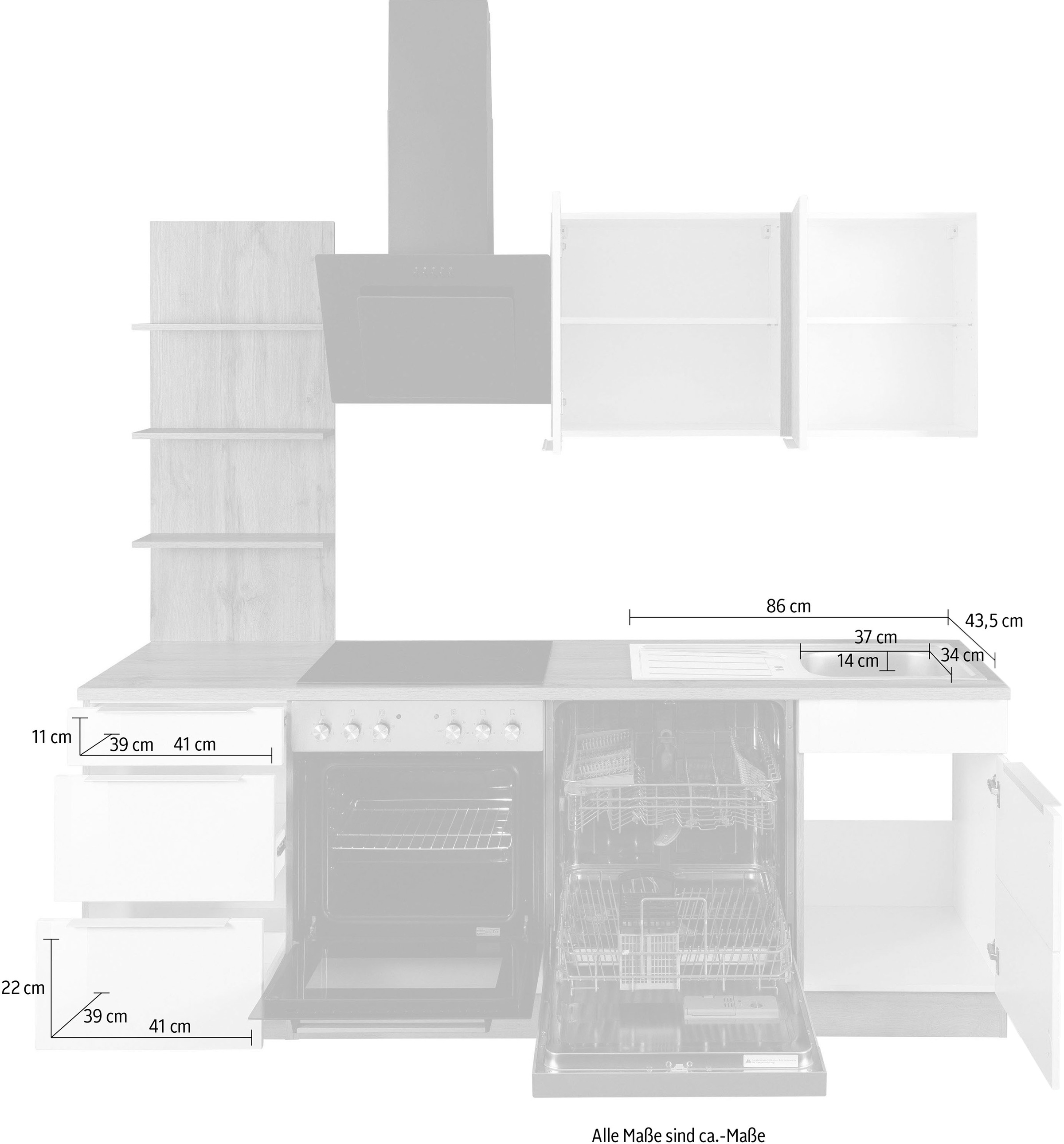KOCHSTATION Küchenzeile »KS-Brindisi«, Breite 220 cm, wahlweise mit E-Geräten, mit MDF-Fronten und Regal