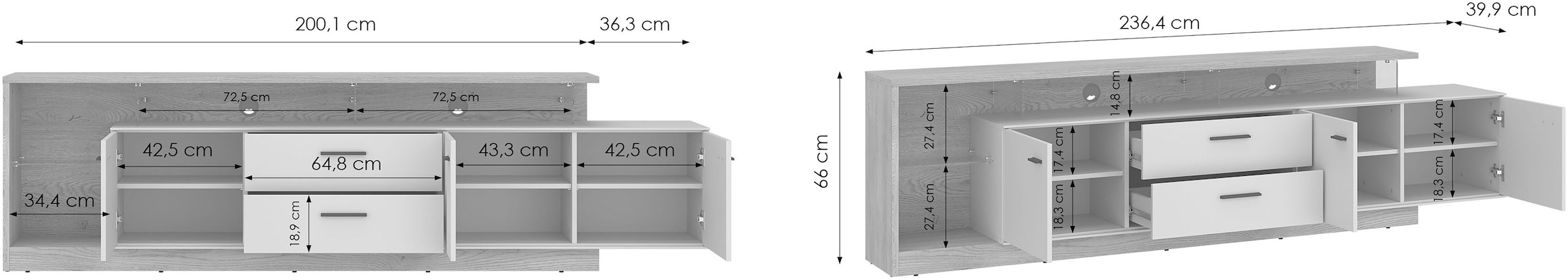 Home affaire Lowboard modernses Lowboard, Breite ca.236,4, 2 Türen und 2 Schubkasten
