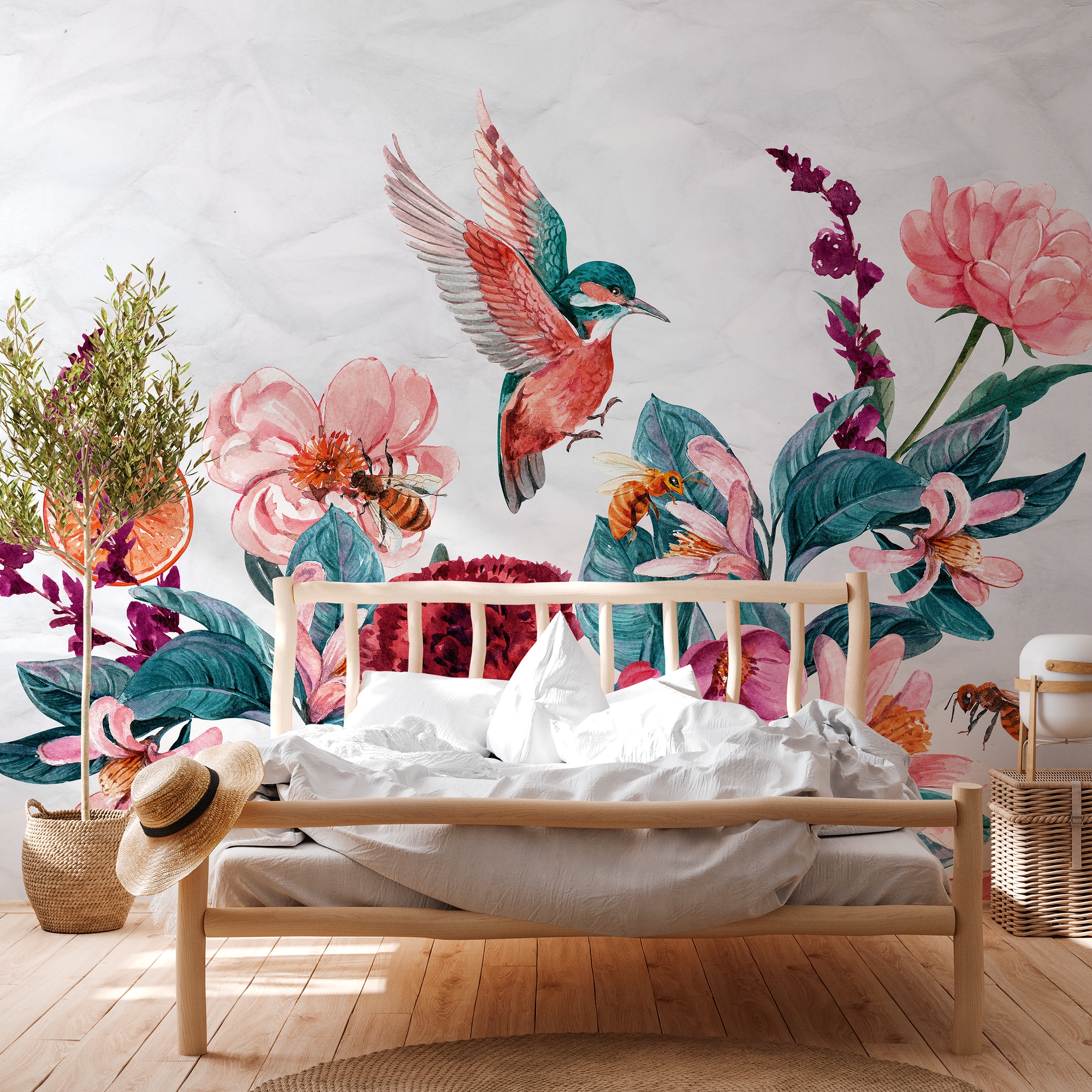 A.S. Création Vliestapete "Fototapete Aquarell Blumen Vogel Bienen Floral" matt strukturiert
