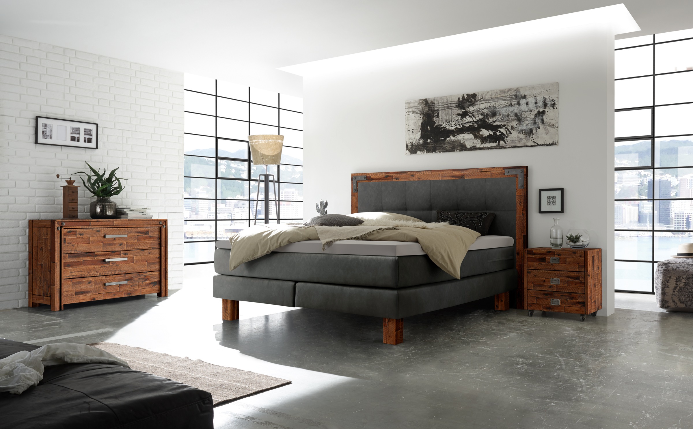 HASENA Boxspringbett Memphis, im Vintagelook, Massivholz-Umrandung, Tonnentaschen-Federkernmatratze