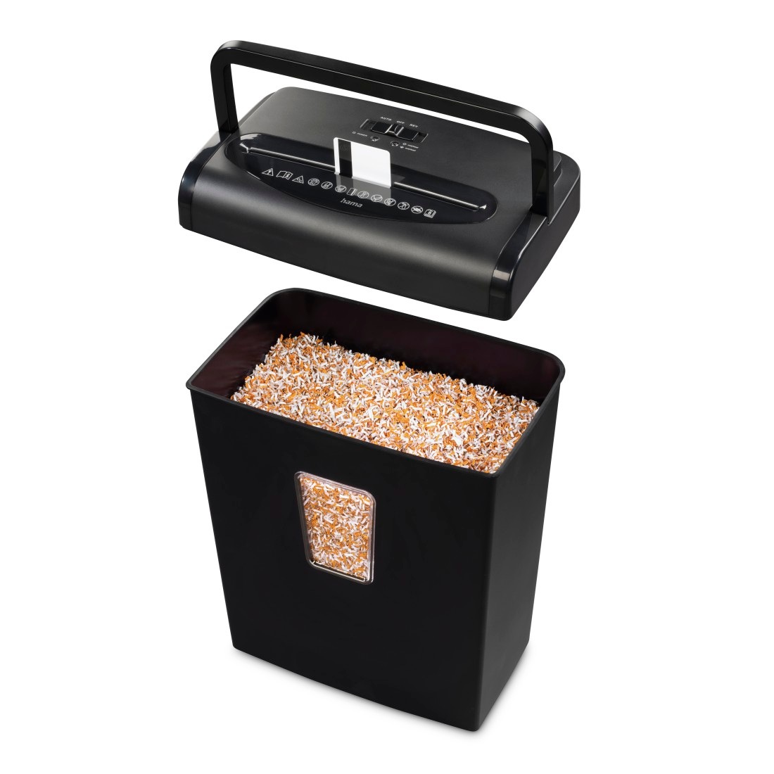 Hama Aktenvernichter »Aktenvernichter Mikroschnitt (Papier + Plastik, Korb, 8 Blatt, P5)«, Mit Papierkorb, 2 x 12 mm Mini-Schnitzel, Automatik, Rücklauf