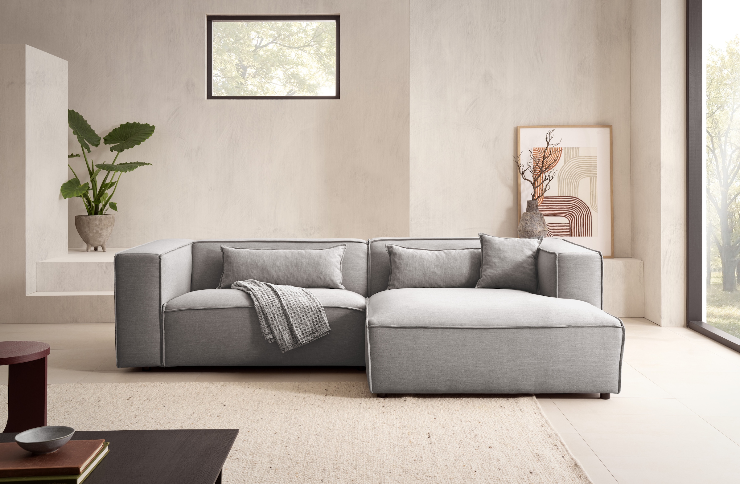 LeGer Home by Lena Gercke Ecksofa »PIARA mit Kedernaht in Cord oder Leinenoptik, moderne Couch in L-Form«, wahlweise Ottomane rechts/links, schwarze Füße, bequemer Sitzkomfort