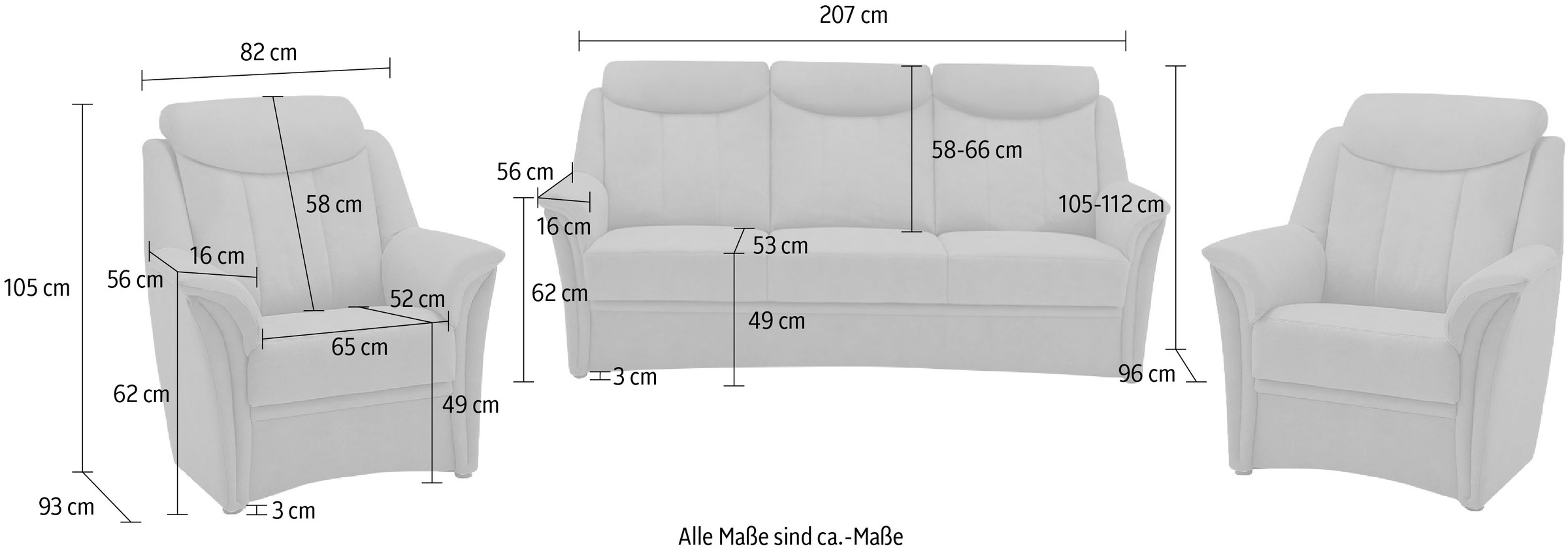 VILLA BECK Polstergarnitur »Lugano«, (Set, 3 tlg.), Kopfteilverstellung, in Sitzhöhe 46 cm, 3-Sitzer und 2x Sessel