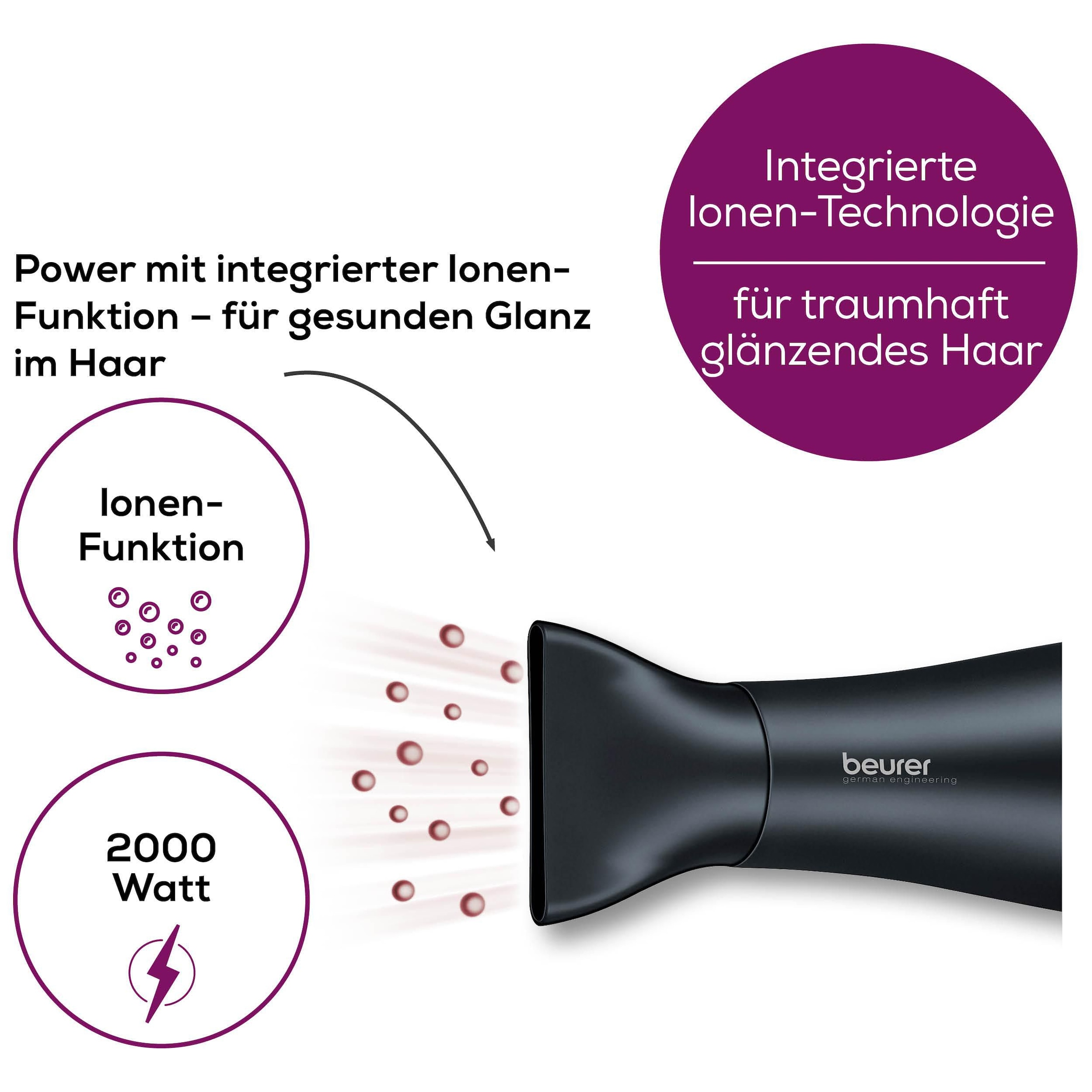 BEURER Haartrockner »HC 55, mit Kabeleinzugfunktion und leistungsstarken 2200 Watt«, 2 Aufsätze, Ionenfunktion für geschmeidig glänzende Haare