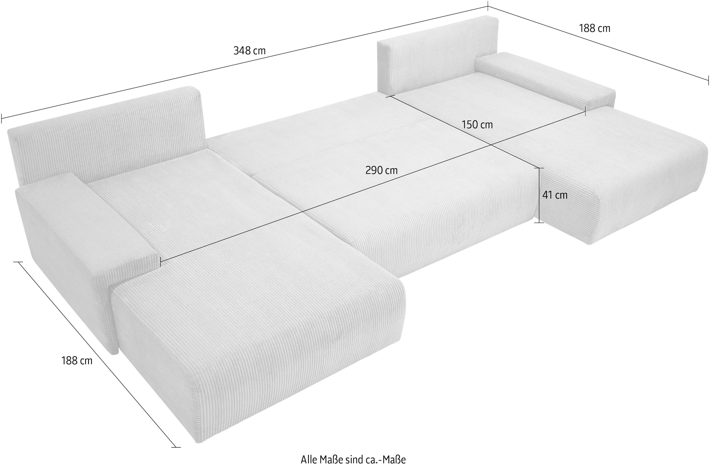 WERK2 Wohnlandschaft »Amalfi mit Bett & Bettkasten, Cord, bequem, organisches Design« Cord, U-Form, XXL, Schlaffunktion, Bettkasten