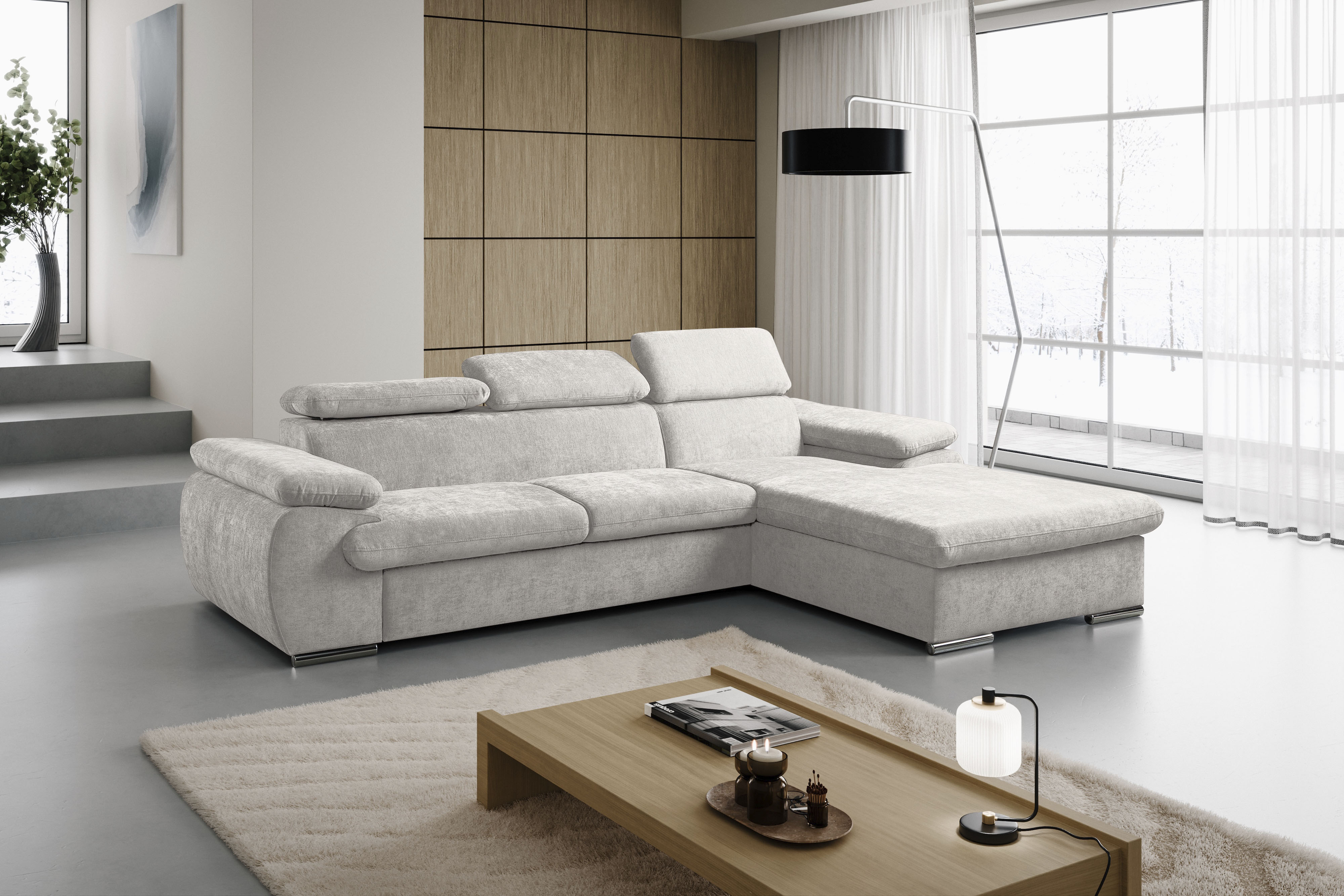 WERK2 Ecksofa "Cosmo 282 x 192 cm modern und bequem" Chenille, L-Form, XXL, Schlaffunktion, Bettkasten