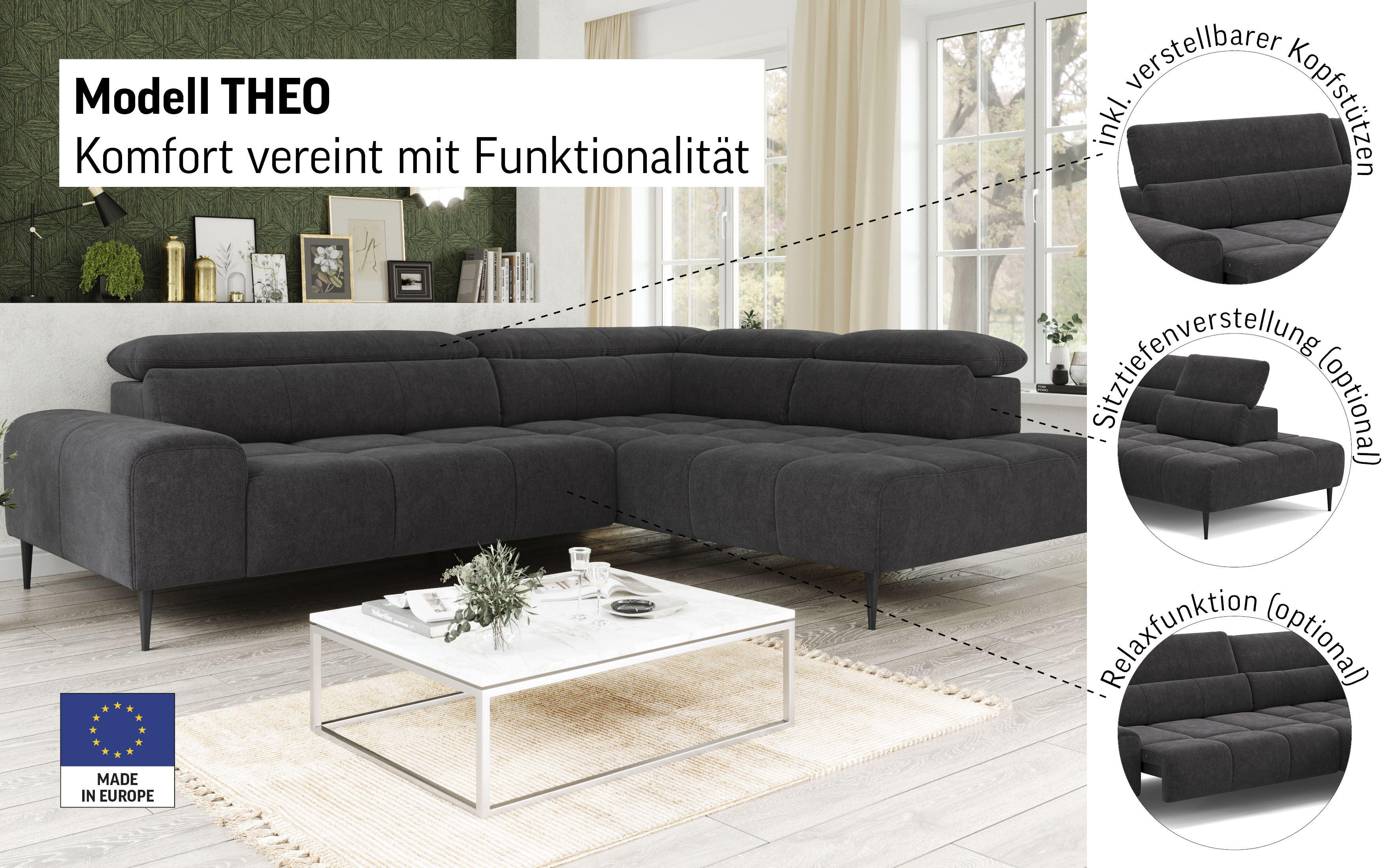 Thumbnail - COTTA Ecksofa "Theo L-Form, B: 298 cm" mit Kopfteilverstellung, optional Sitztiefenverstellung