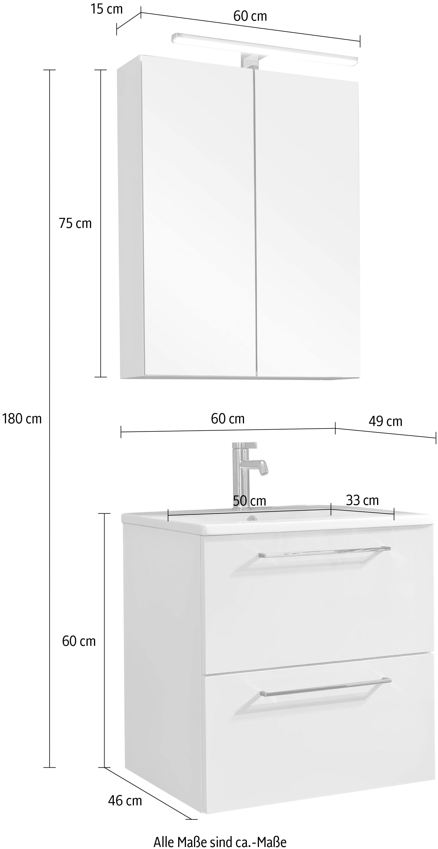 Nolte SPA Badmöbel-Set »Lux - Badmöbel-Set« Komplett-Set, Spiegelschrank, Keramikbecken, Waschtisch 2 Auszüge, LED, erw., li/re, 3 Stk. tlg.