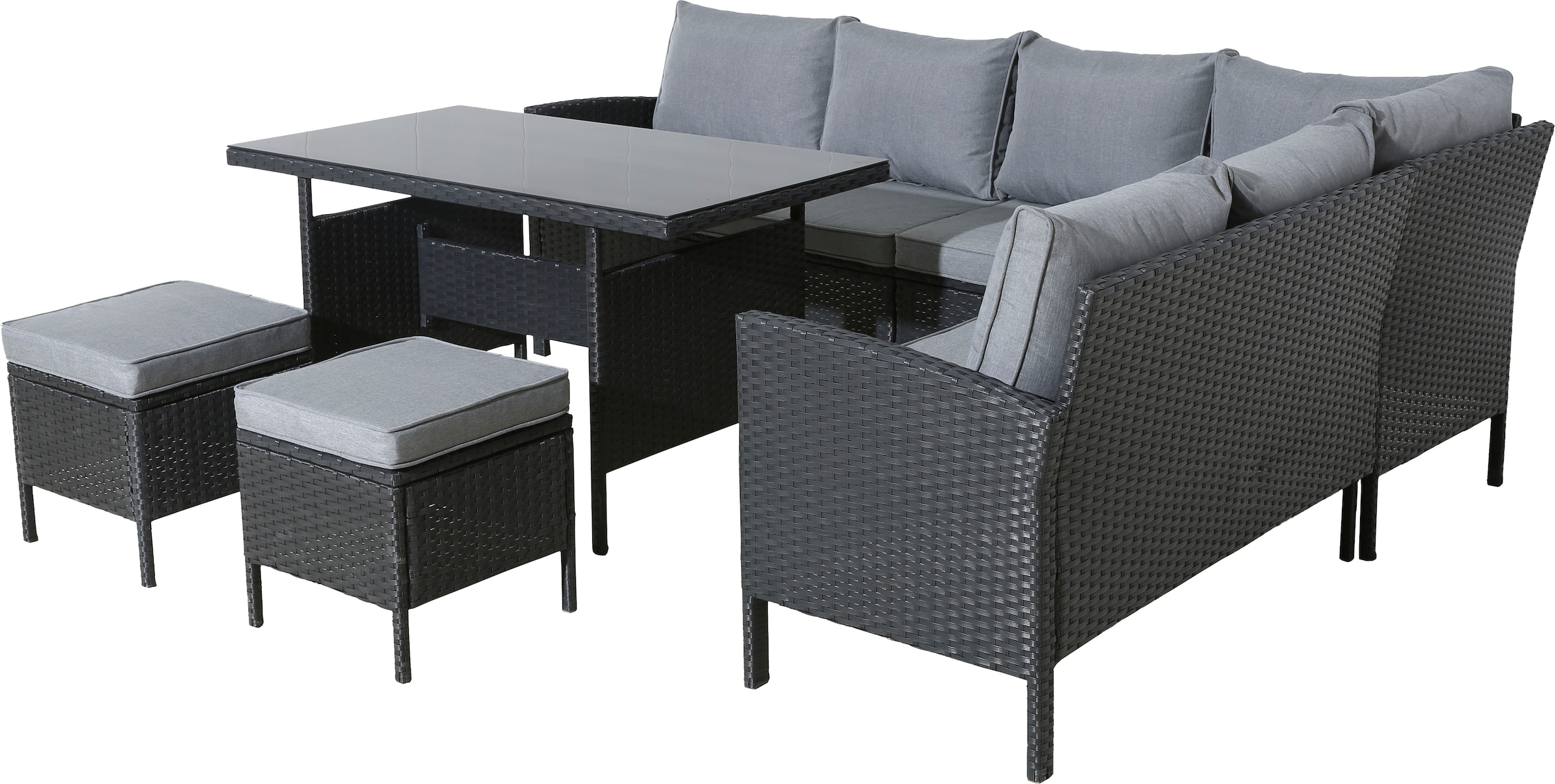 KONIFERA Gartenlounge-Set »»Manhattan««, (Set, 18 tlg., Ecklounge, Tisch 66x120x74 cm, 2 Hocker, inkl. Auflagen), Stahl/Polyrattan