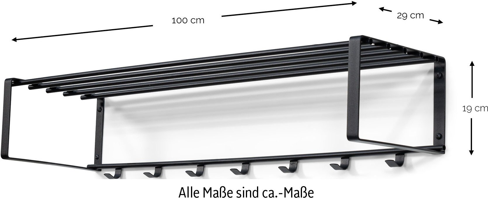 Spinder Design Garderobenleiste »REX«, (1 St.), Wandgarderobe aus Stahl mit Hutablage und 5 bzw. 7 Haken