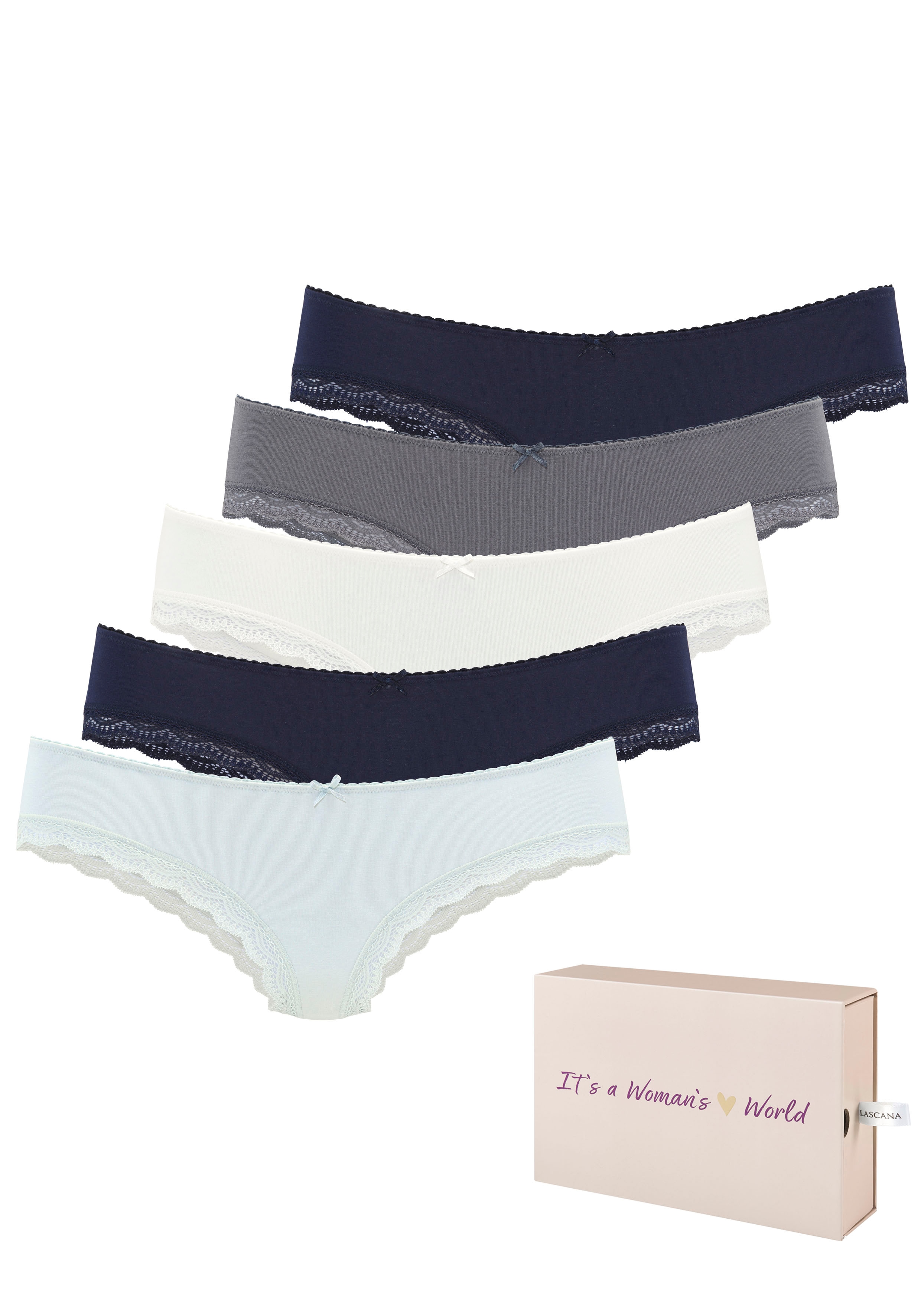 LASCANA Brasilslip 5er-Pack, aus elastischer Baumwolle mit zarter Spitze, mit Aufbewahrungsbox