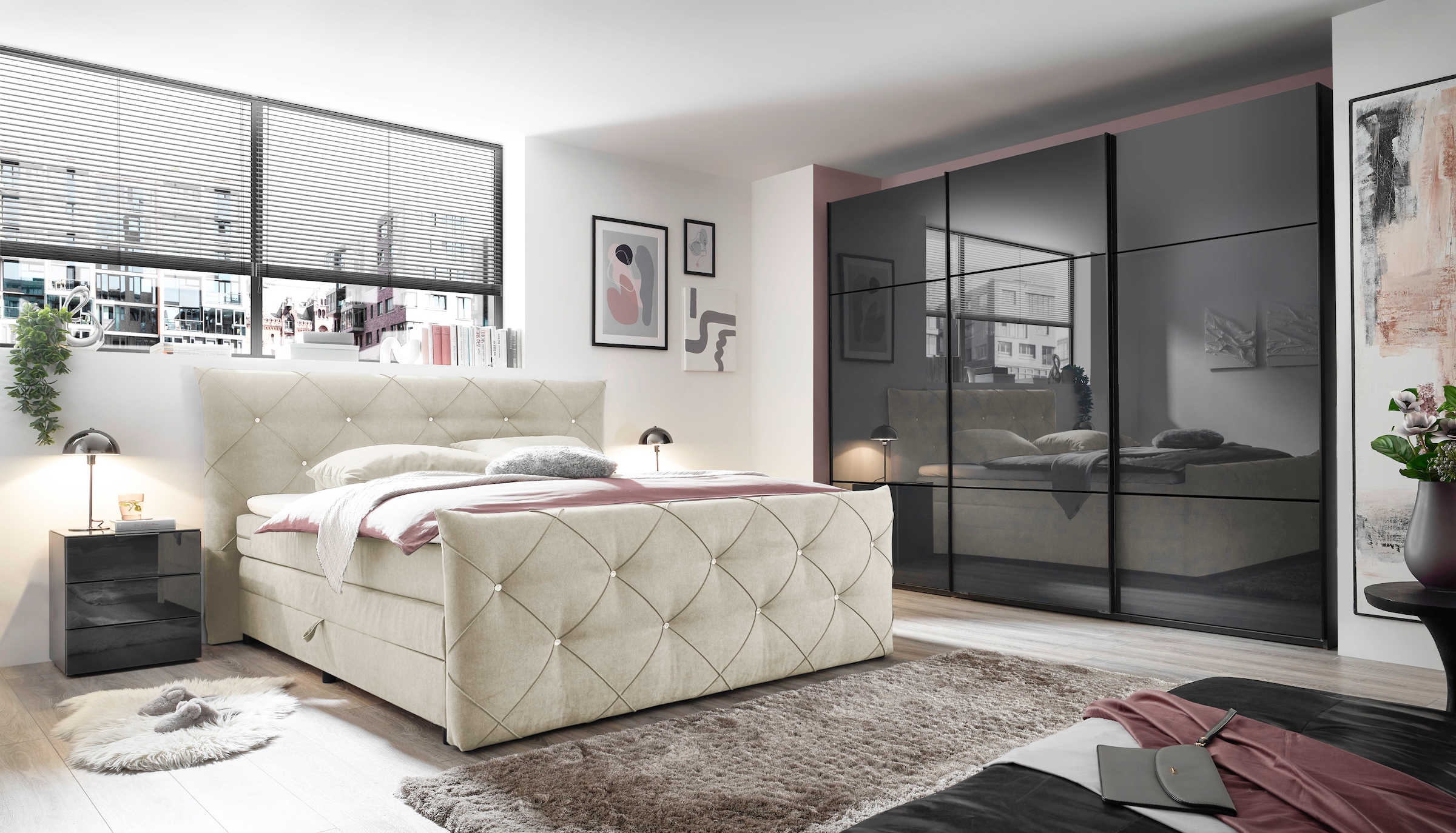 ED EXCITING DESIGN Boxspringbett »Villano«, mit Strasssteinen, Breite: 180cm, mit Bettkasten, inkl. Topper